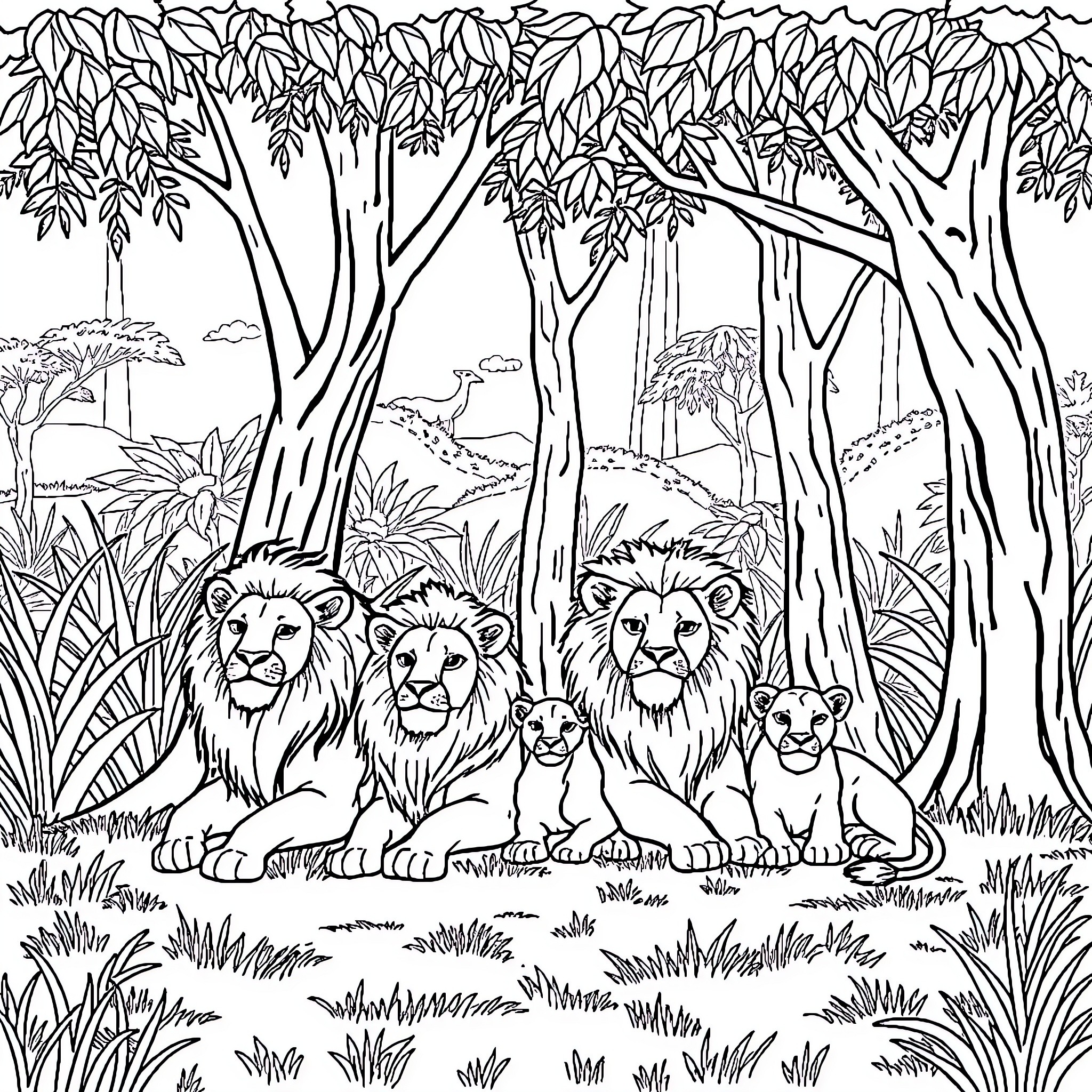 Lion family in lush jungle landscape Coloring Page (free black-and-white line drawing printable PDF for all, from beginners to advanced learners, including children, teens, adults, and seniors)