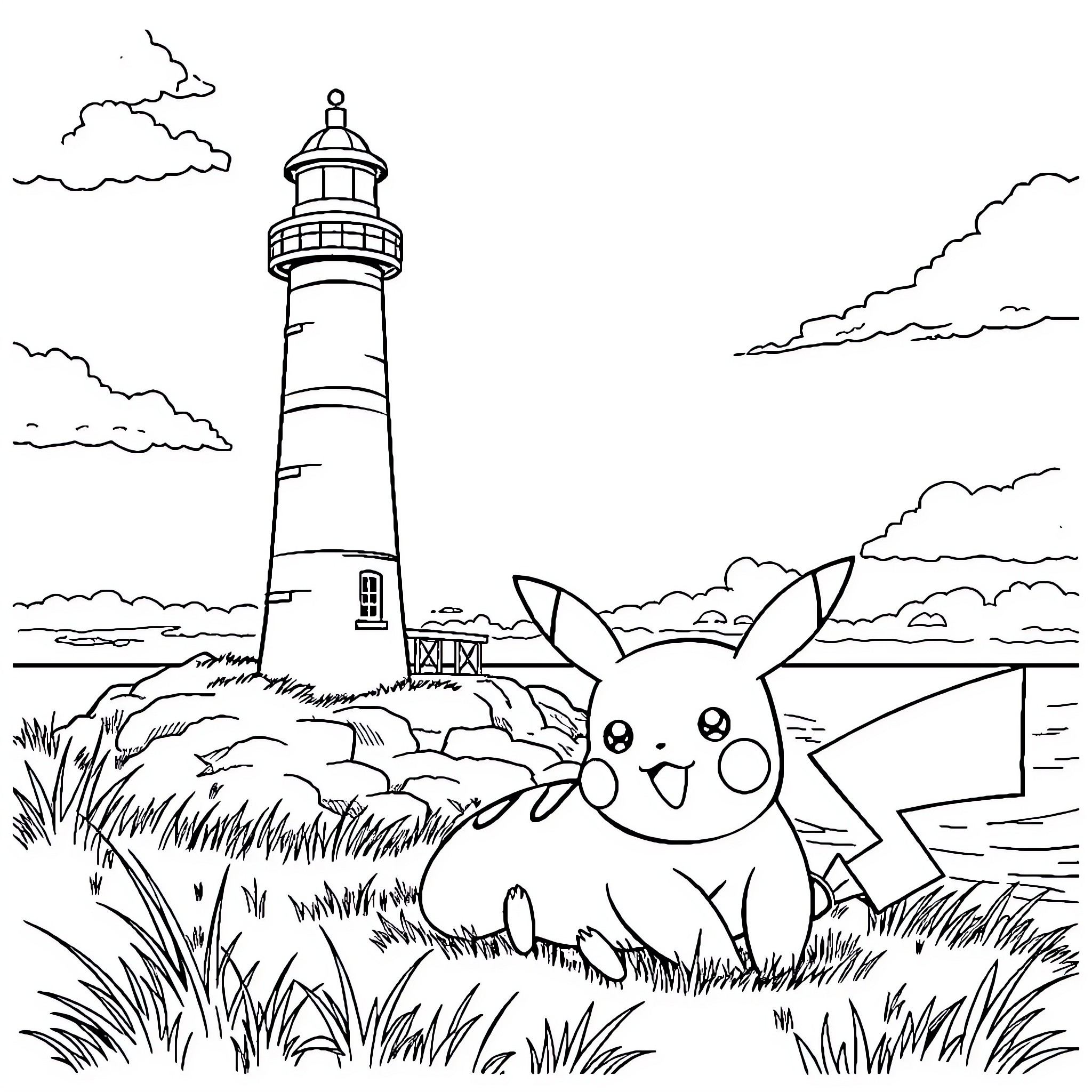 Pikachu exploring the lighthouse landscape Coloring Page (free black-and-white line drawing printable PDF for all, from beginners to advanced learners, including children, teens, adults, and seniors)