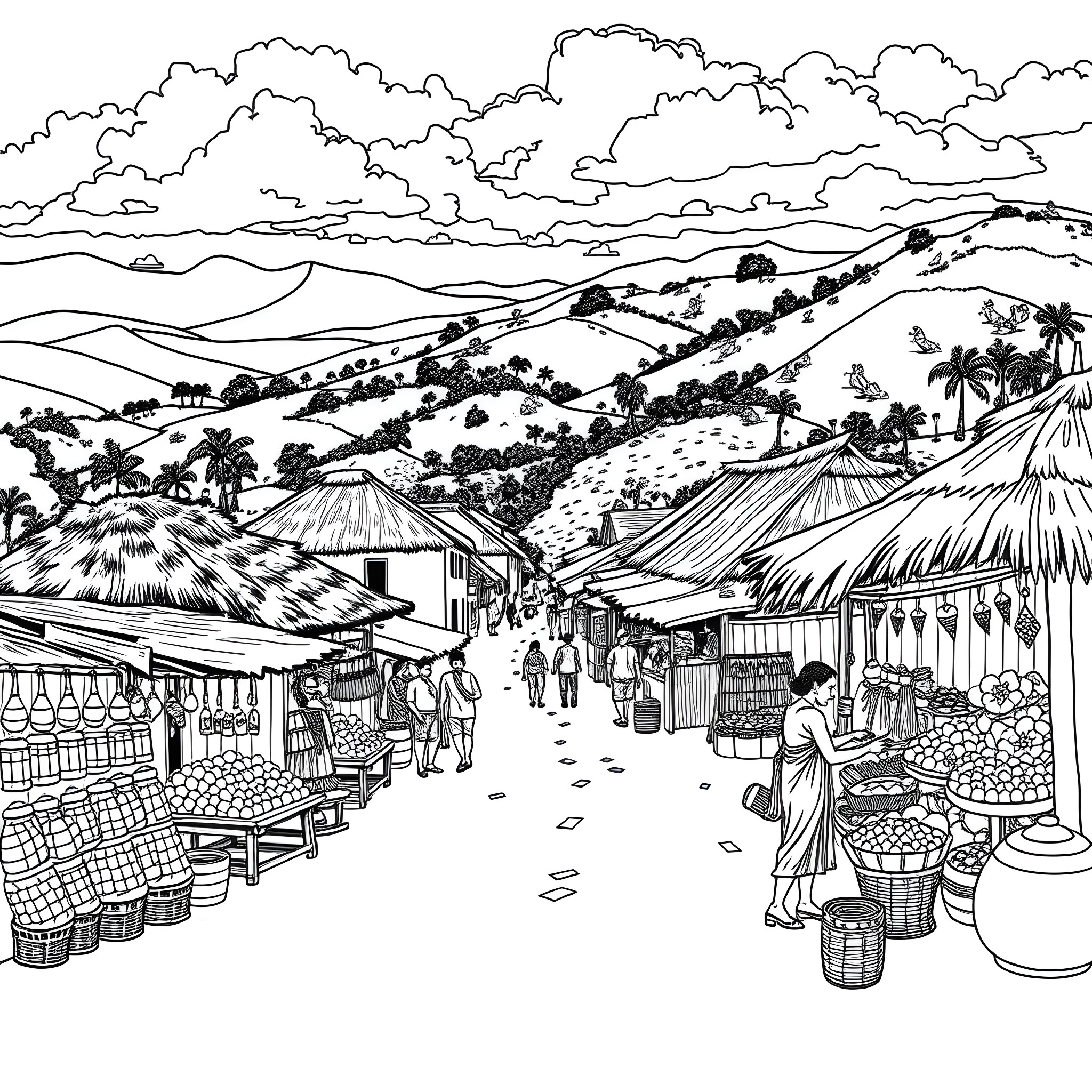 Haiti Market Bustling with Locals and Vendors Coloring Page (free black-and-white line drawing printable PDF for all, from beginners to advanced learners, including children, teens, adults, and seniors)