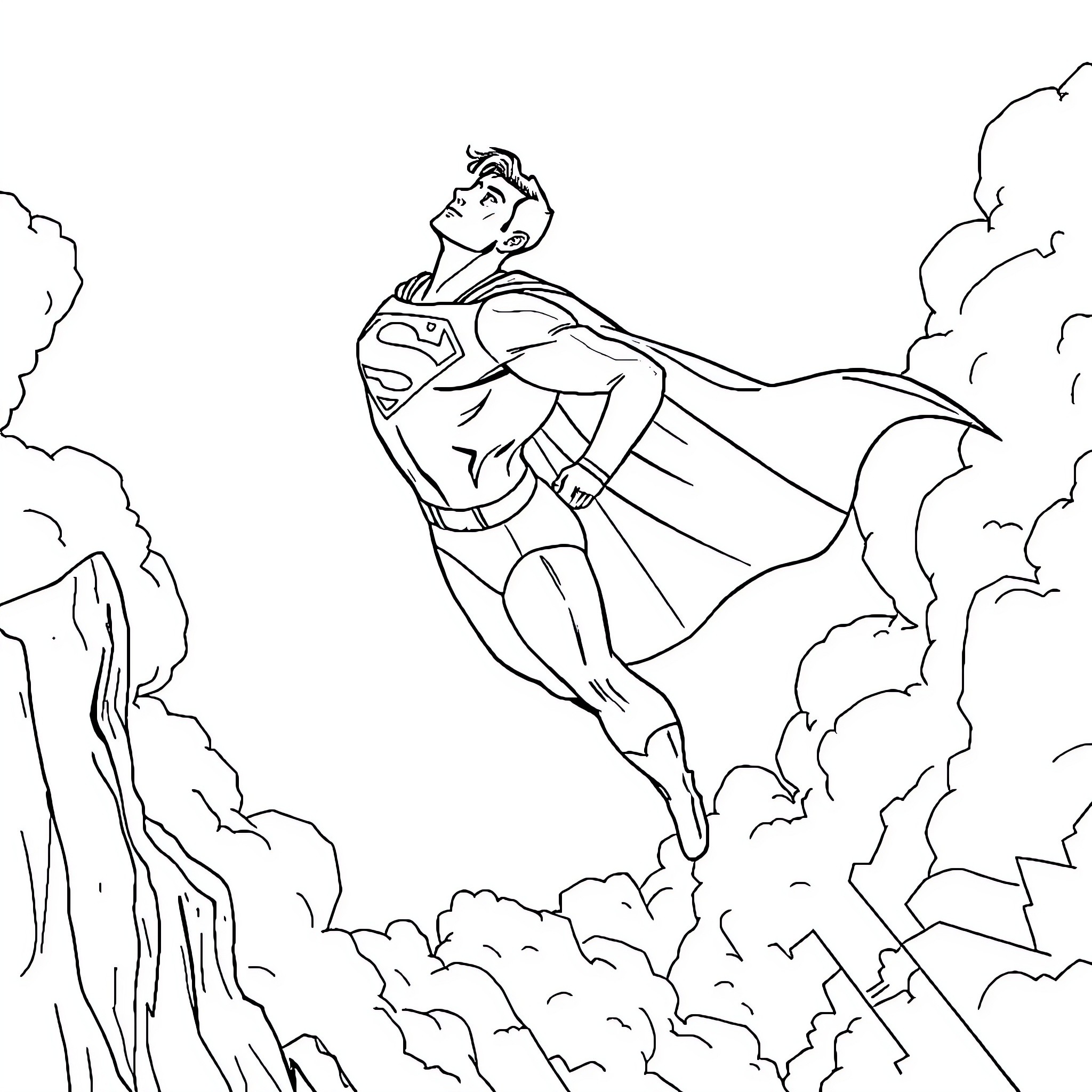 Superman soaring through the sky with heroic stance Coloring Page (free black-and-white line drawing printable PDF for all, from beginners to advanced learners, including children, teens, adults, and seniors)