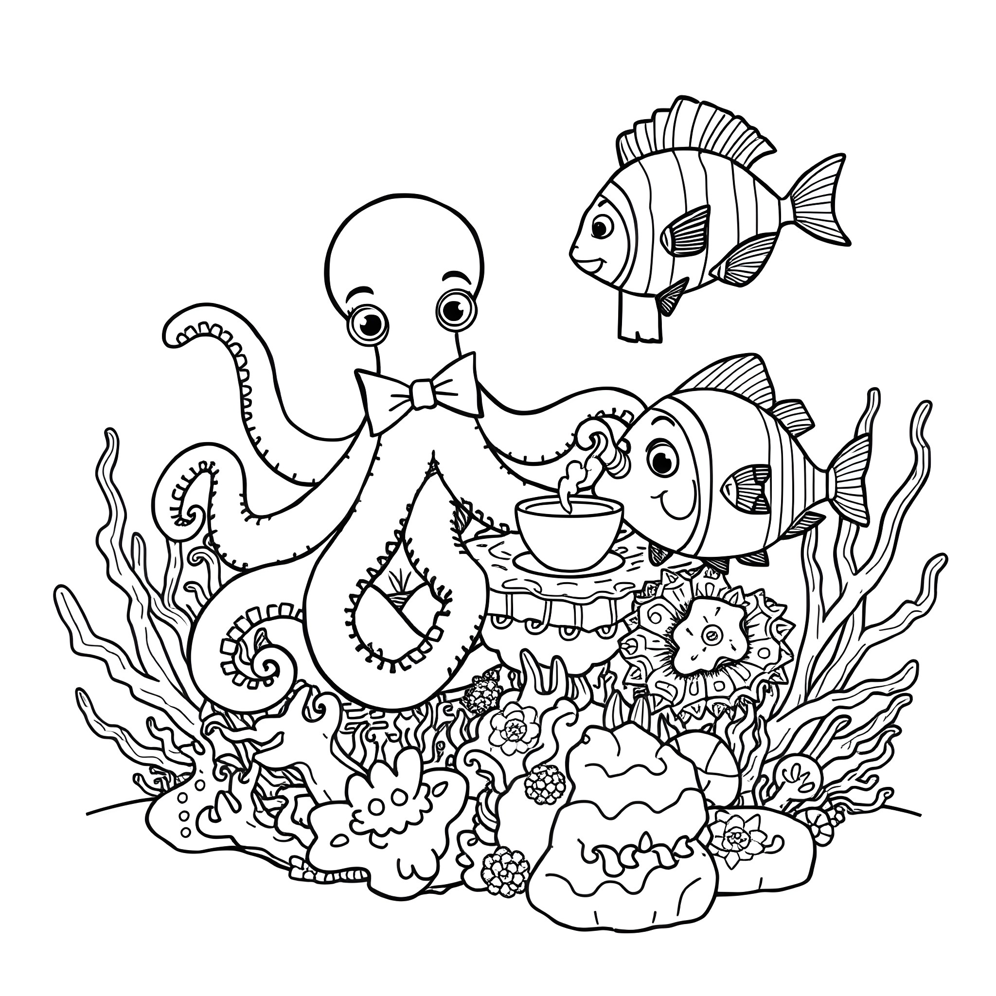Animal friends having tea party underwater Coloring Page (free black-and-white line drawing printable PDF for all, from beginners to advanced learners, including children, teens, adults, and seniors)