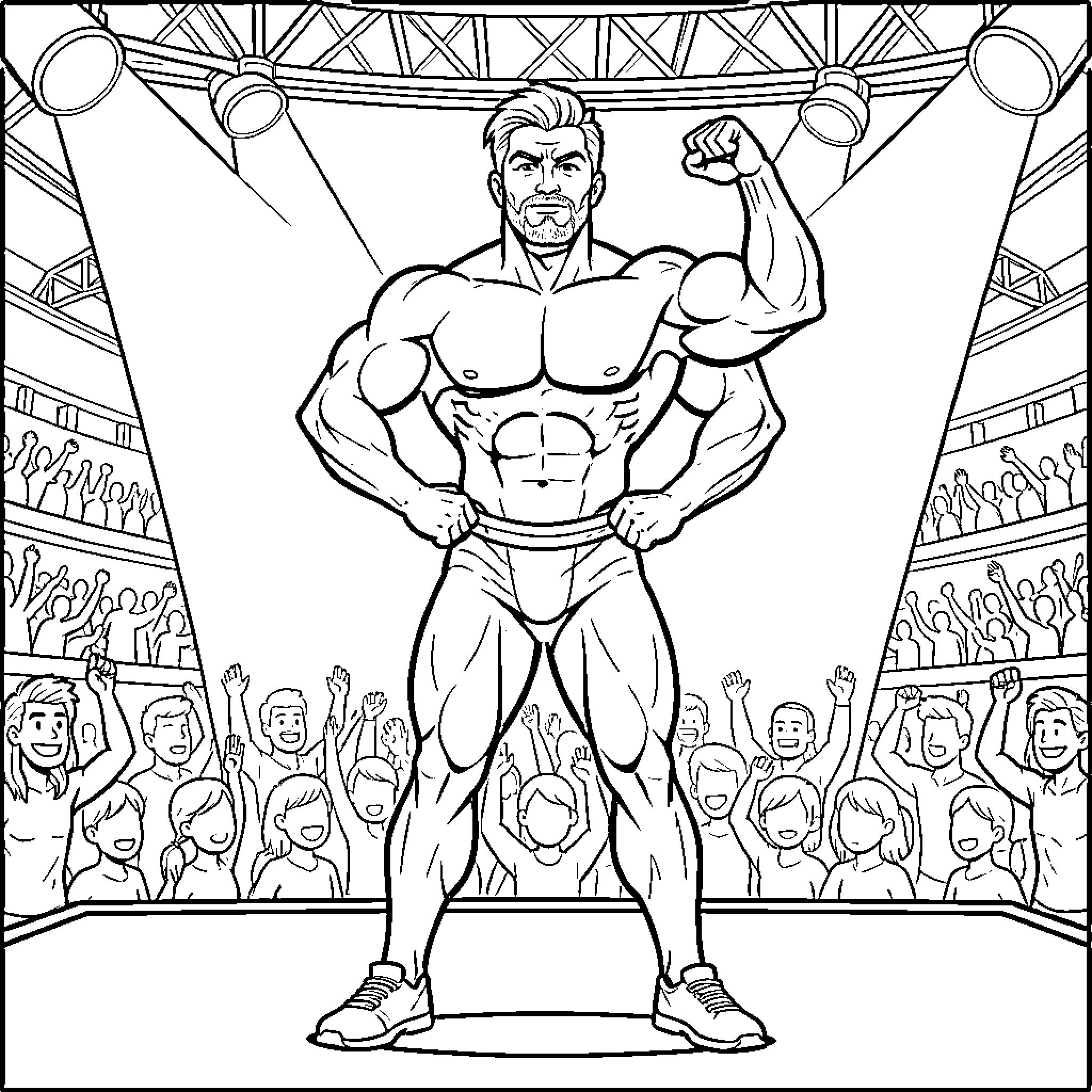 Bodybuilder Flexing Muscles in Front of Cheering Crowd Coloring Page (free black-and-white line drawing printable PDF for all, from beginners to advanced learners, including children, teens, adults, and seniors)