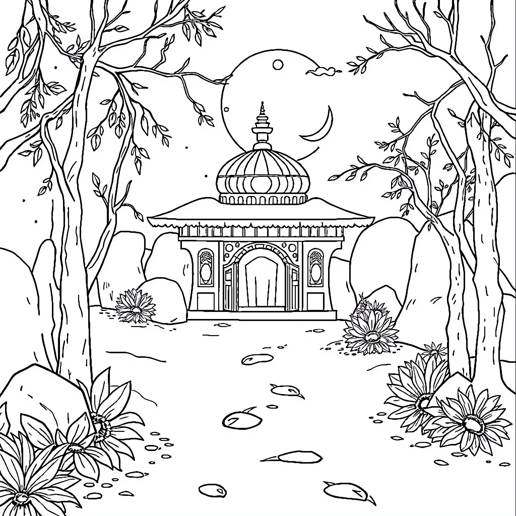 طفل في حديقة بمنظر بهي وجميل Coloring Page (free black-and-white line drawing printable PDF for all, from beginners to advanced learners, including children, teens, adults, and seniors)
