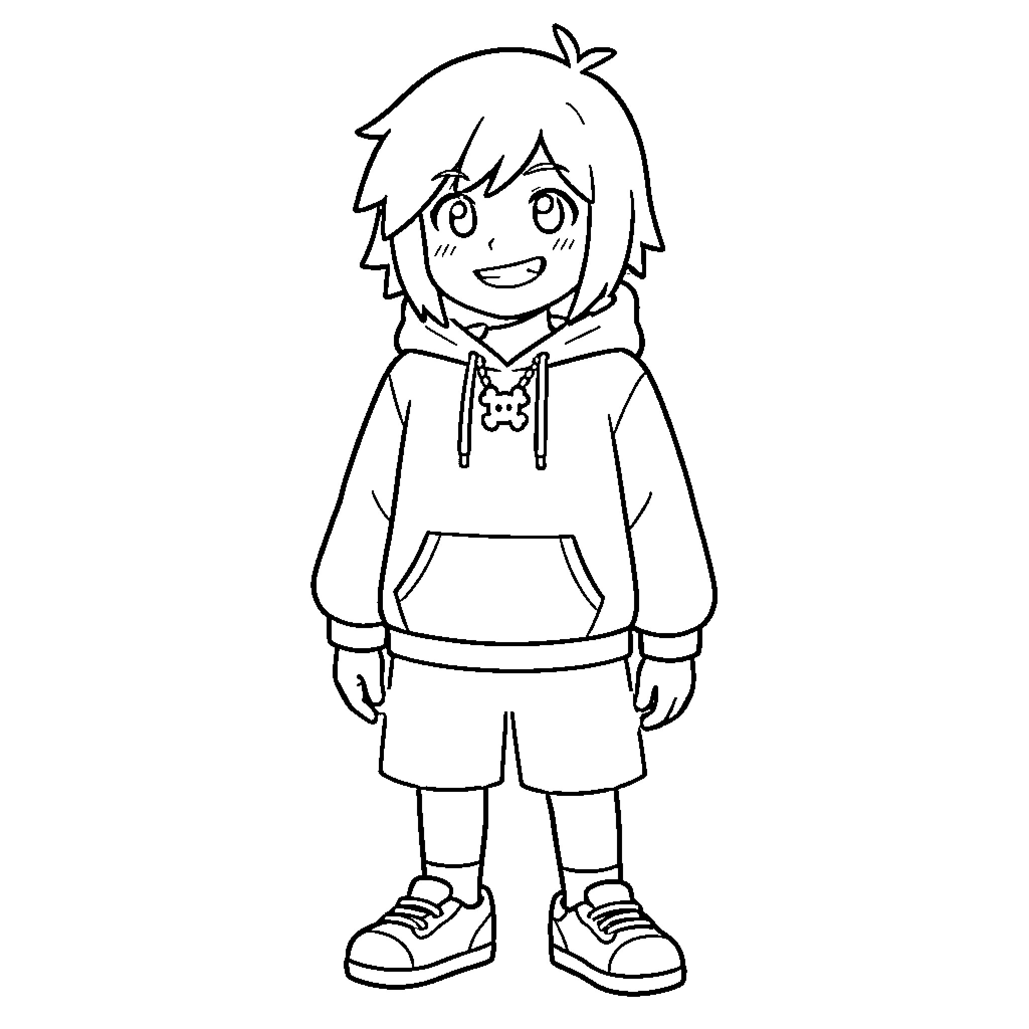 Sans smiling warmly while wearing a hoodie and shorts Coloring Page (free black-and-white line drawing printable PDF for all, from beginners to advanced learners, including children, teens, adults, and seniors)