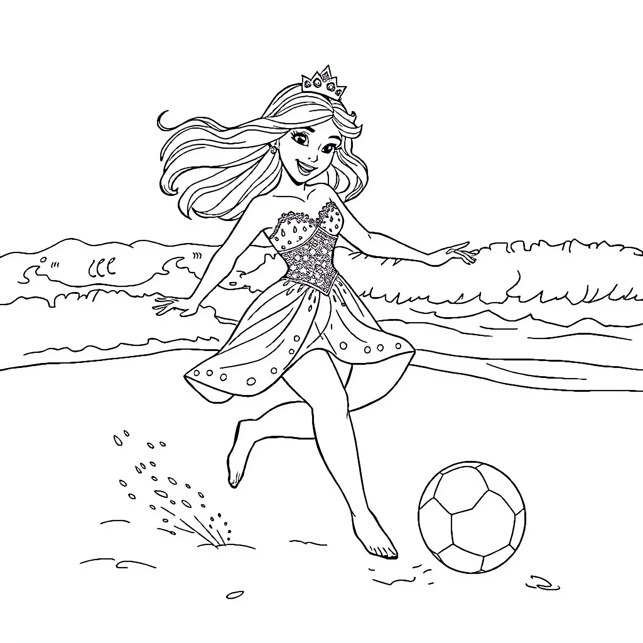 Princess playing with ball on the beach Coloring Page (free black-and-white line drawing printable PDF for all, from beginners to advanced learners, including children, teens, adults, and seniors)