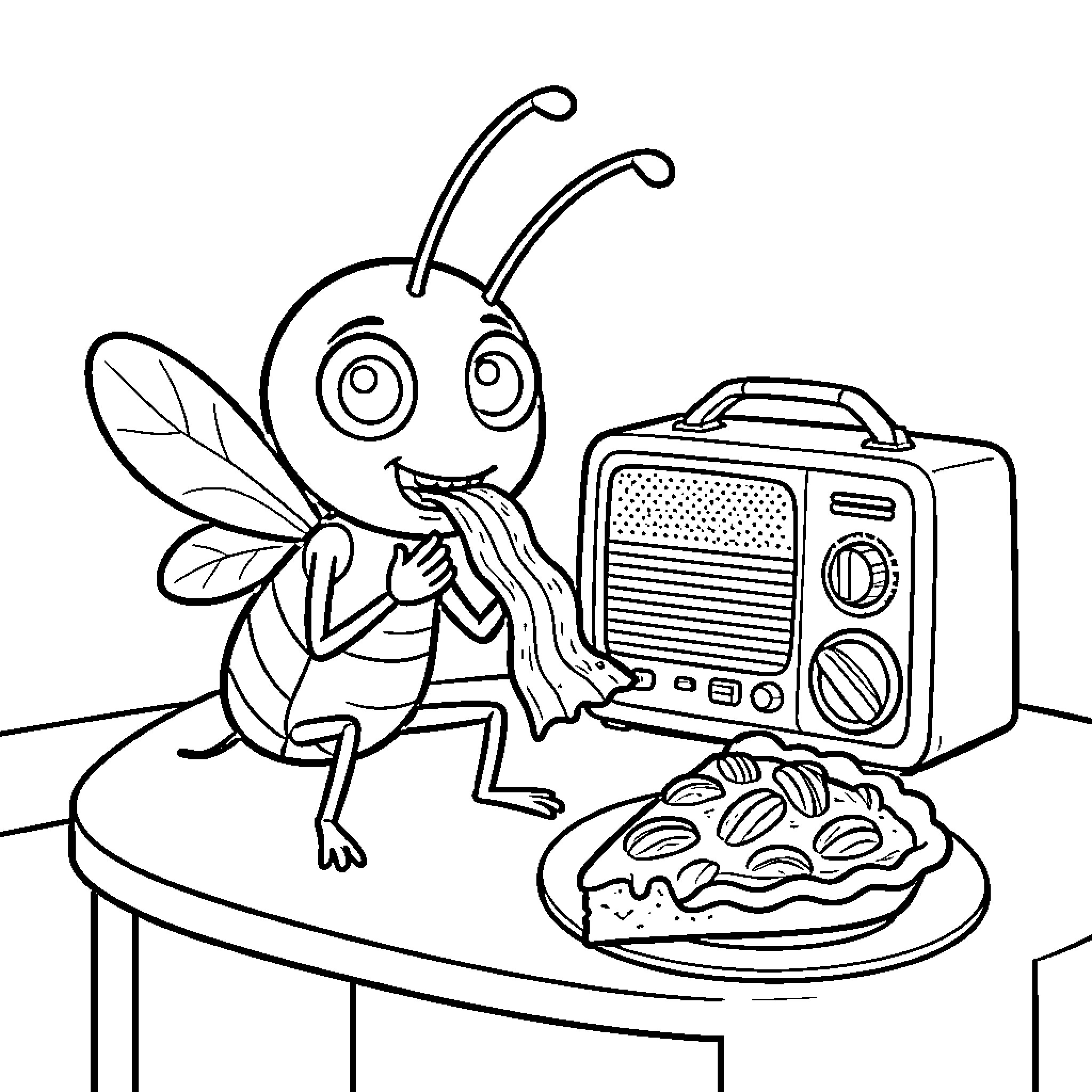 Mosquito eating a slice of pie near a radio Coloring Page (free black-and-white line drawing printable PDF for all, from beginners to advanced learners, including children, teens, adults, and seniors)