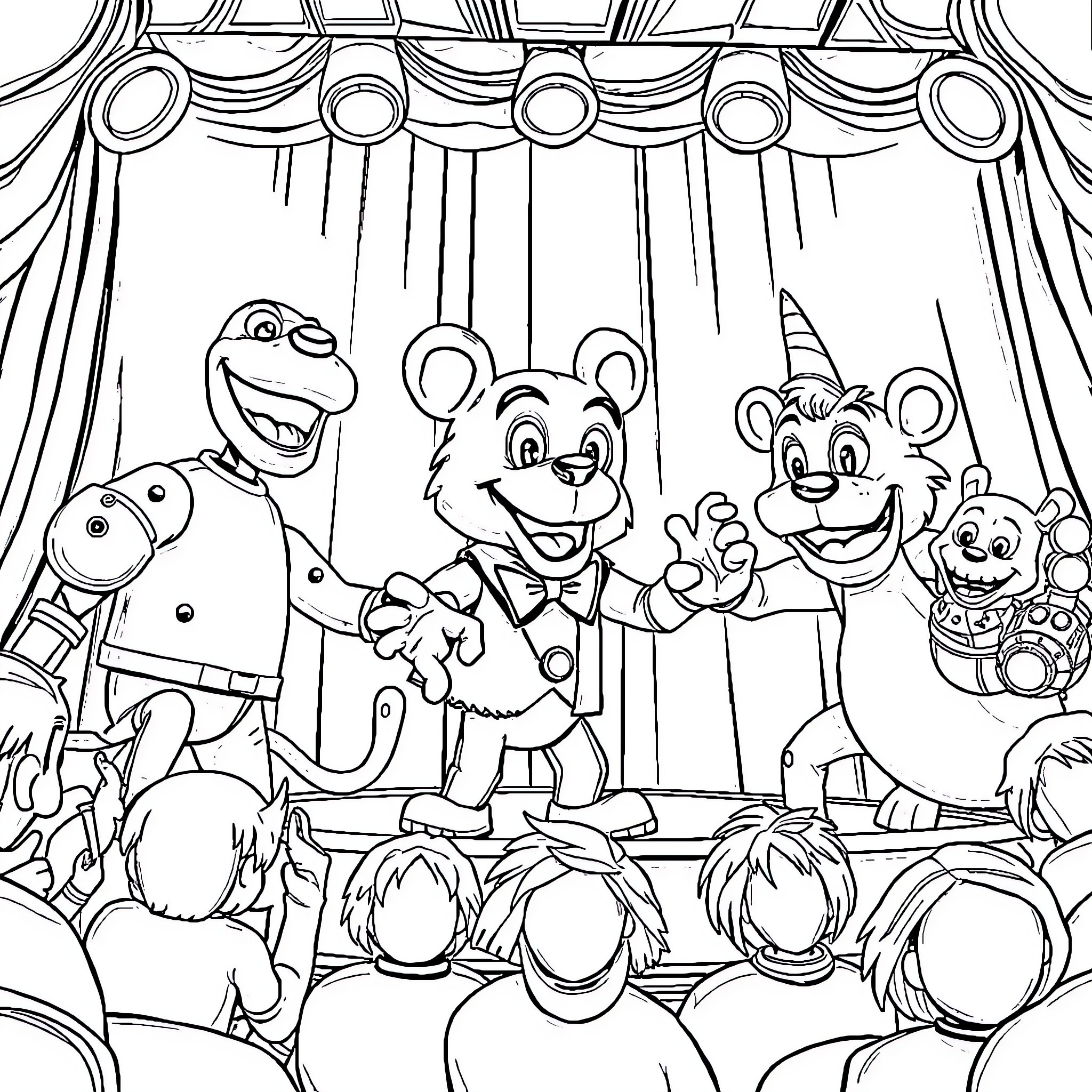 Animatronic characters performing on stage Coloring Page (free black-and-white line drawing printable PDF for all, from beginners to advanced learners, including children, teens, adults, and seniors)