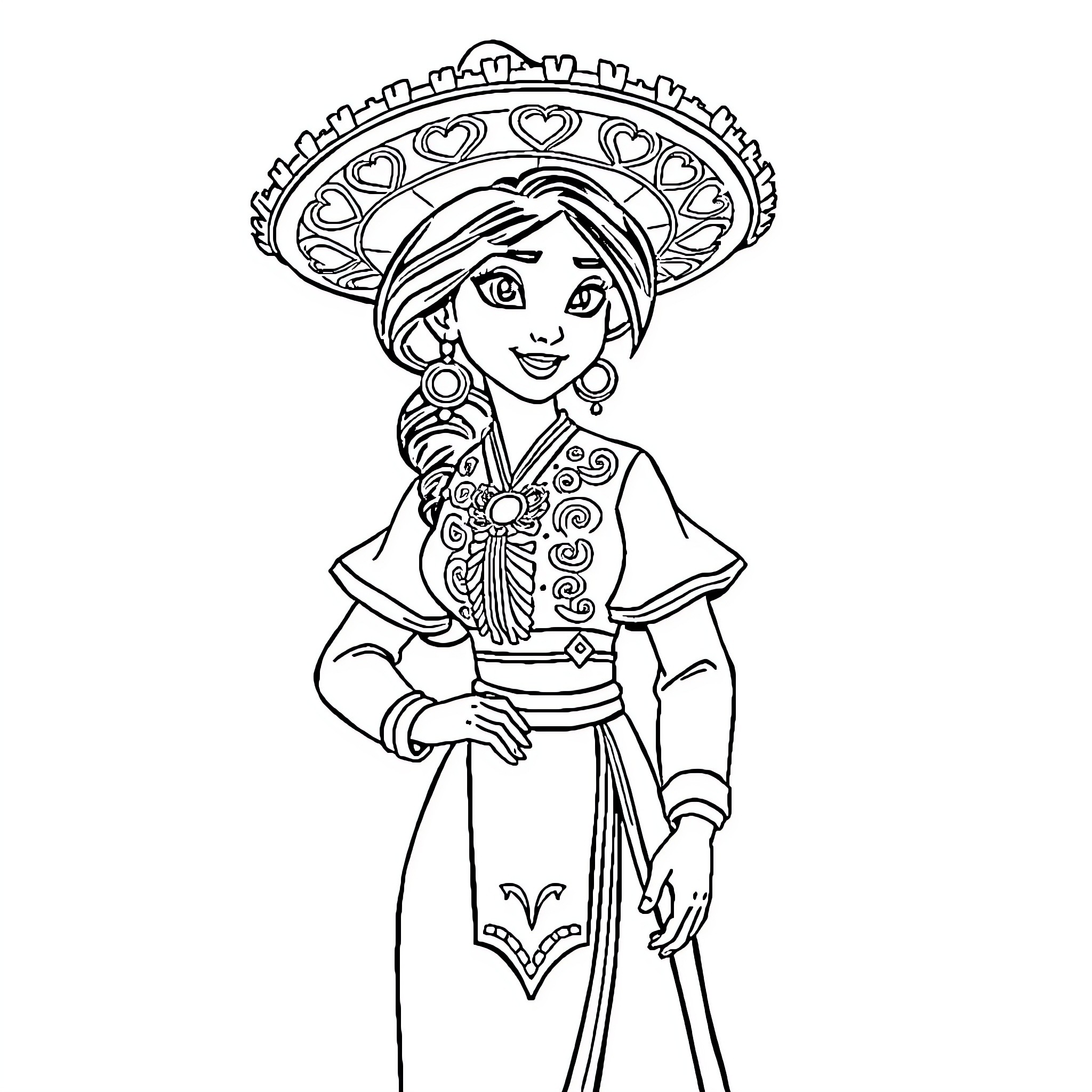 Mulan in traditional Chinese attire with intricate design Coloring Page (free black-and-white line drawing printable PDF for all, from beginners to advanced learners, including children, teens, adults, and seniors)