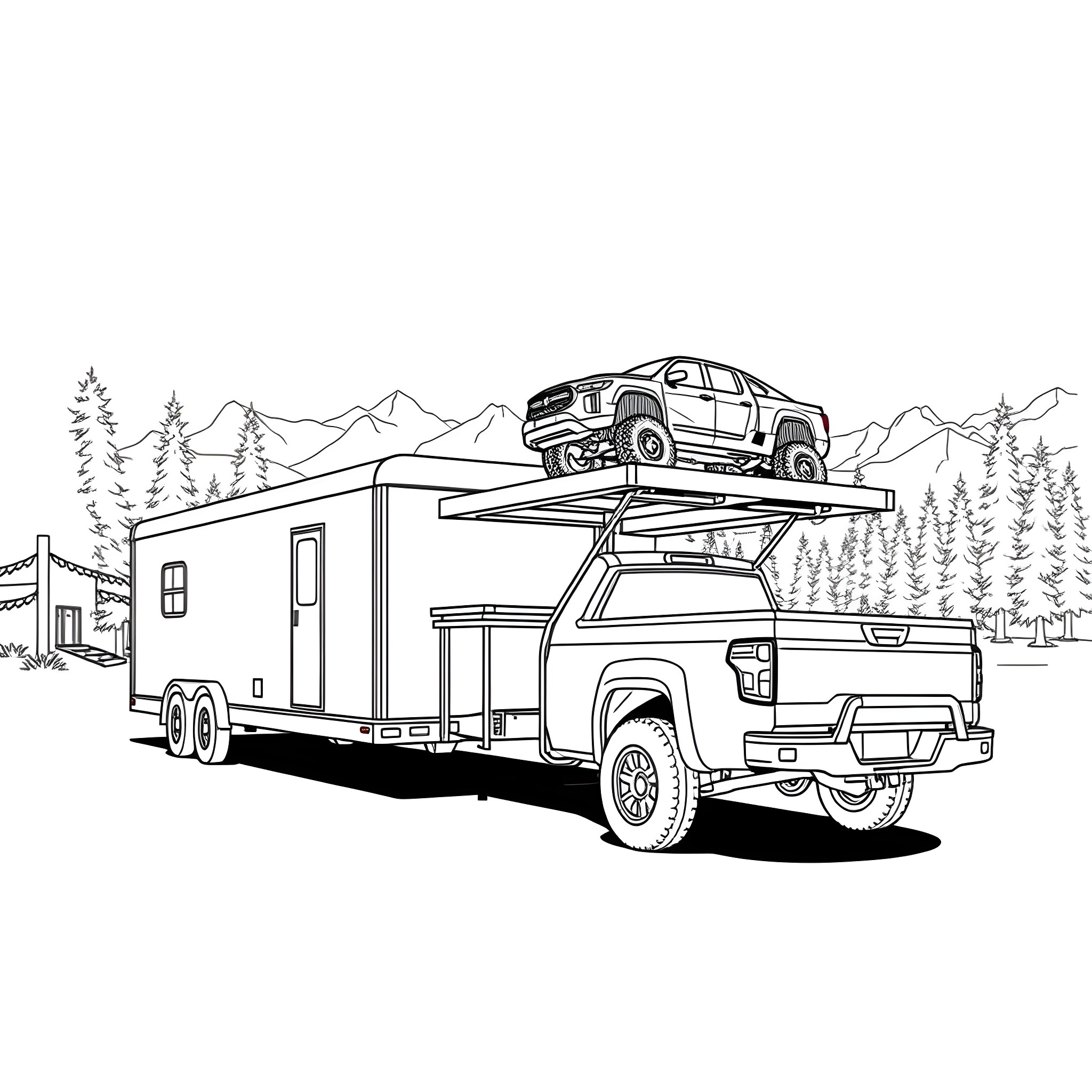 Car Trailer Hauling Off-Road Vehicle on Mountain Landscape Coloring Page (free black-and-white line drawing printable PDF for all, from beginners to advanced learners, including children, teens, adults, and seniors)