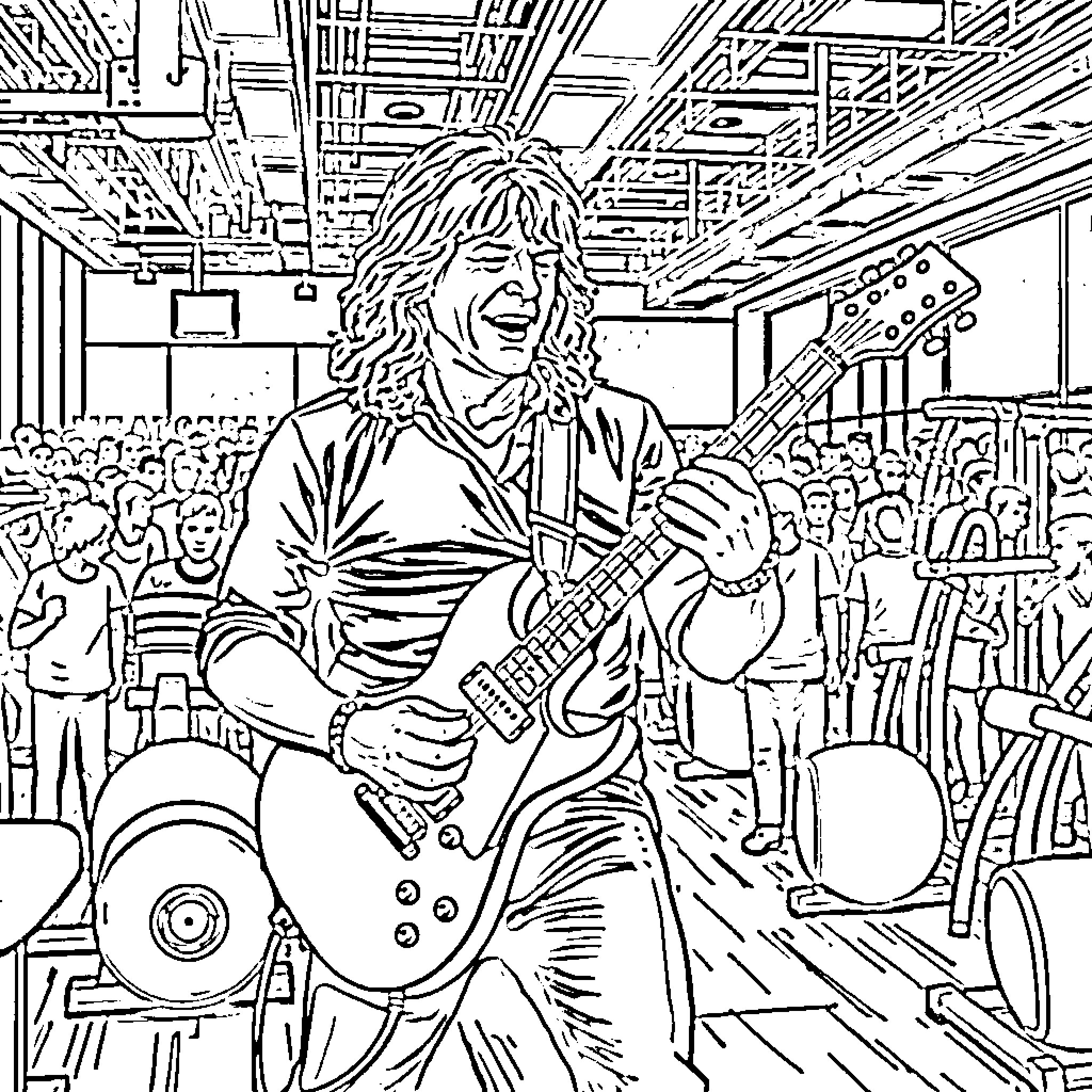Eddie Van Halen performing on stage with guitar Coloring Page (free black-and-white line drawing printable PDF for all, from beginners to advanced learners, including children, teens, adults, and seniors)