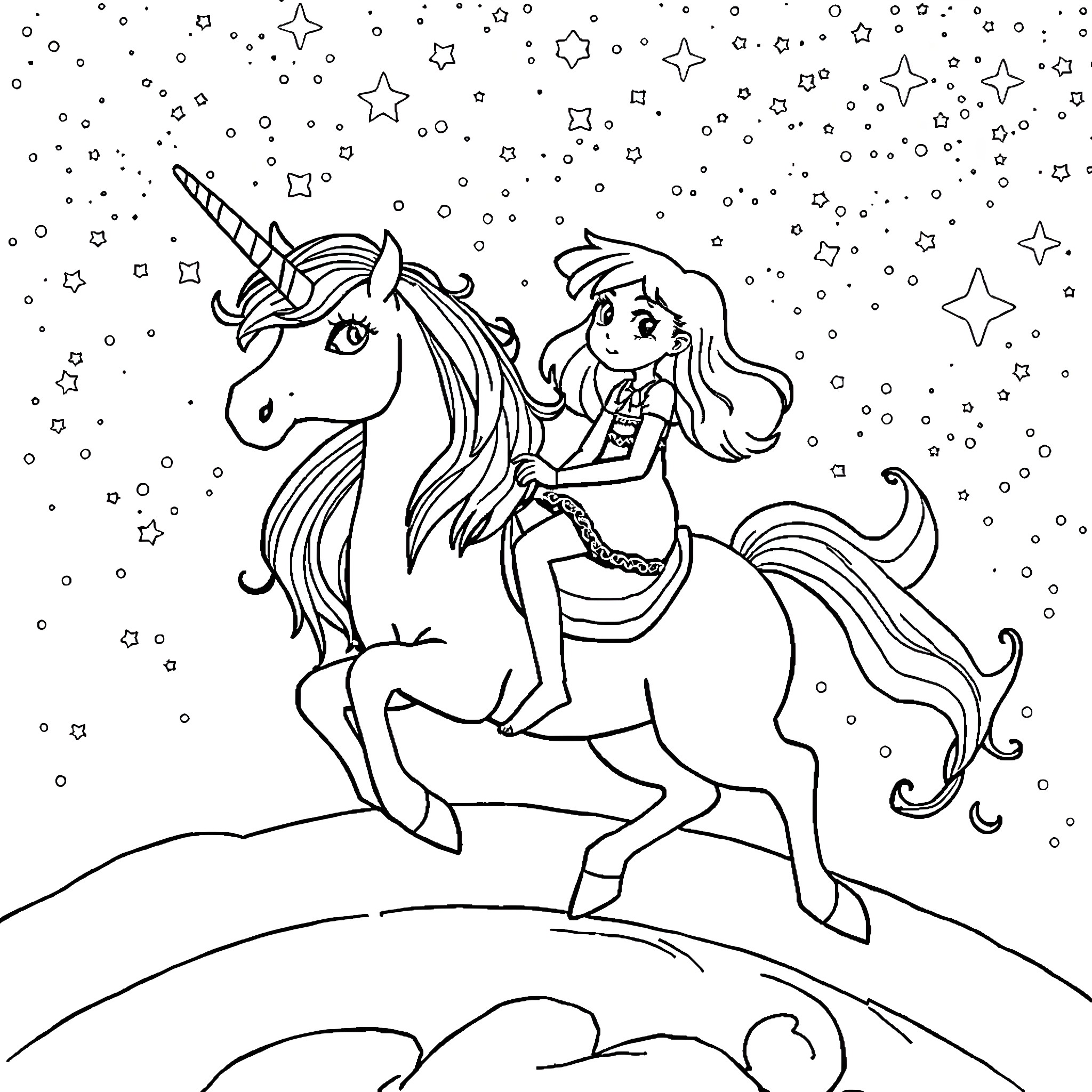 Coraline's Whimsical Unicorn Adventure Coloring Page (free black-and-white line drawing printable PDF for all, from beginners to advanced learners, including children, teens, adults, and seniors)