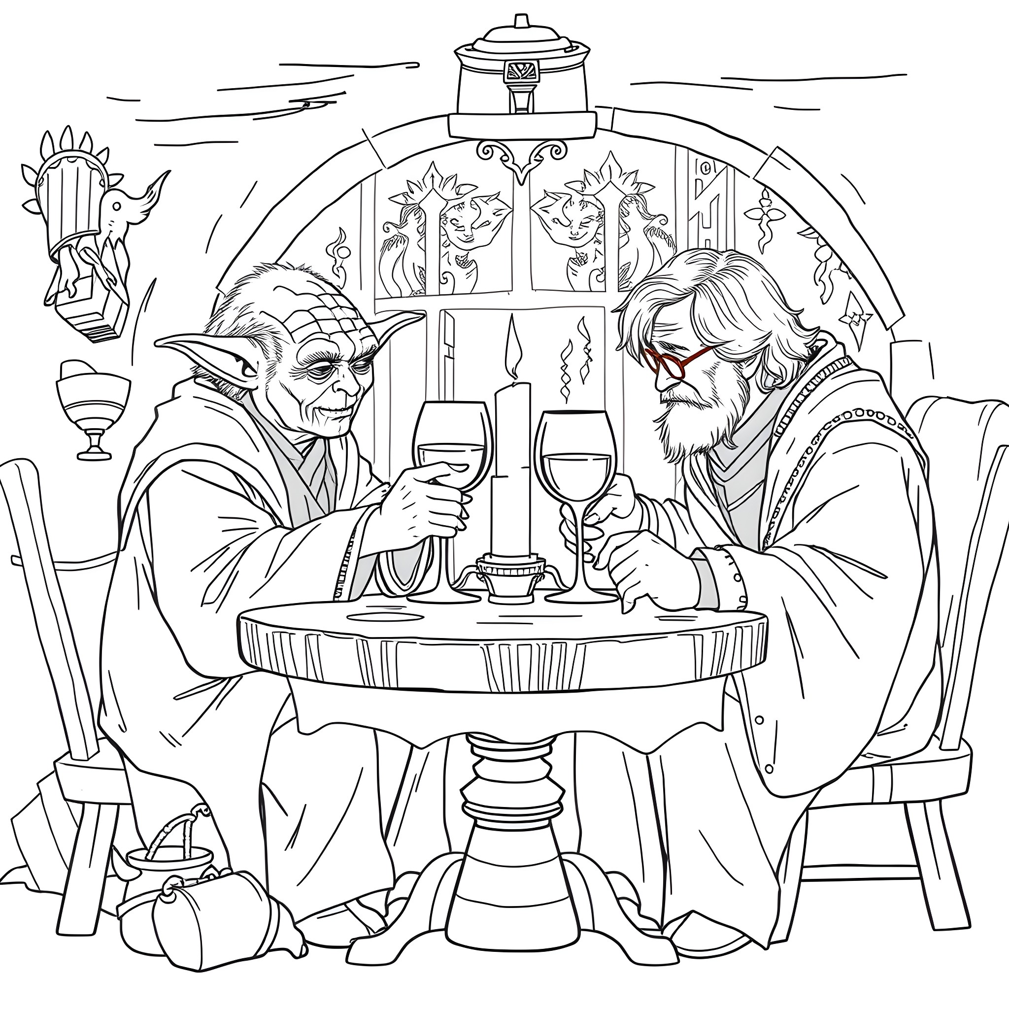 Yoda and Obi-Wan enjoying a drink together Coloring Page (free black-and-white line drawing printable PDF for all, from beginners to advanced learners, including children, teens, adults, and seniors)