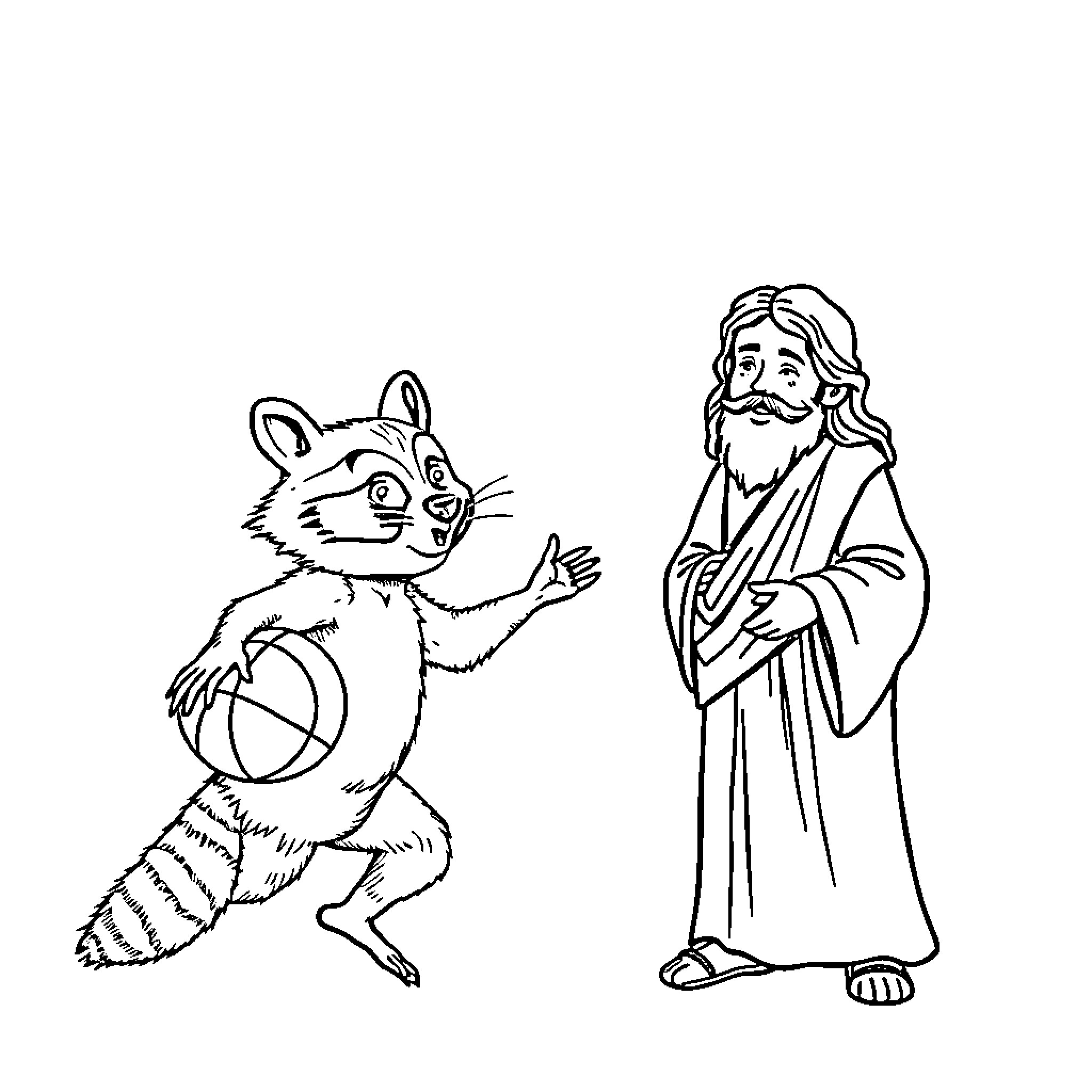 Raccoon playing basketball with Jesus Coloring Page (free black-and-white line drawing printable PDF for all, from beginners to advanced learners, including children, teens, adults, and seniors)