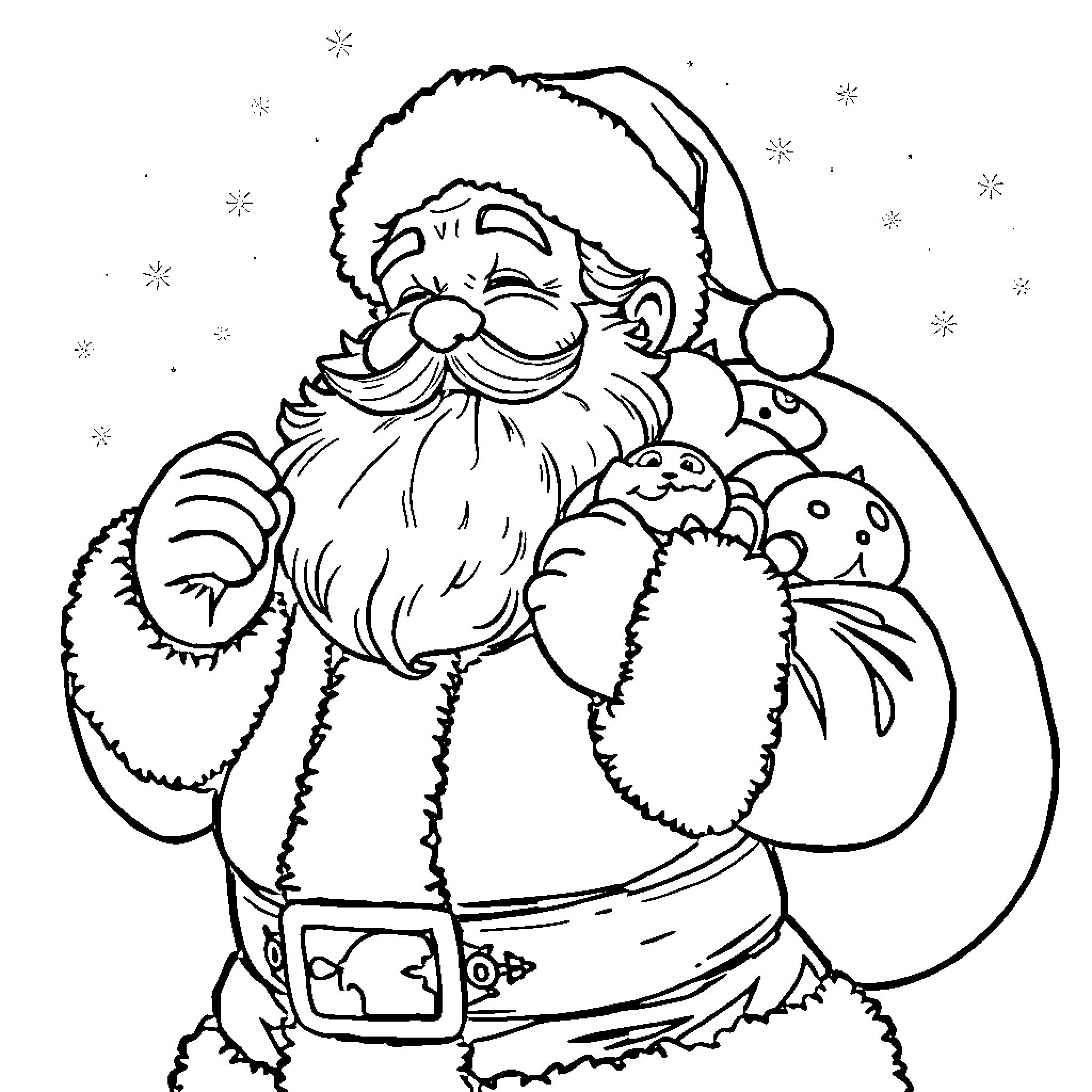 Santa's Jolly Embrace of Holiday Cheer Coloring Page (free black-and-white line drawing printable PDF for all, from beginners to advanced learners, including children, teens, adults, and seniors)