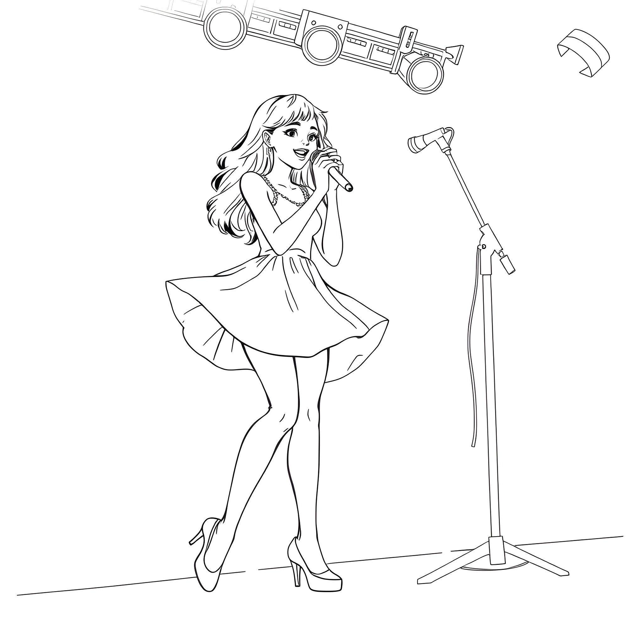 Teen Girl Singing on Stage with Microphone Coloring Page (free black-and-white line drawing printable PDF for all, from beginners to advanced learners, including children, teens, adults, and seniors)
