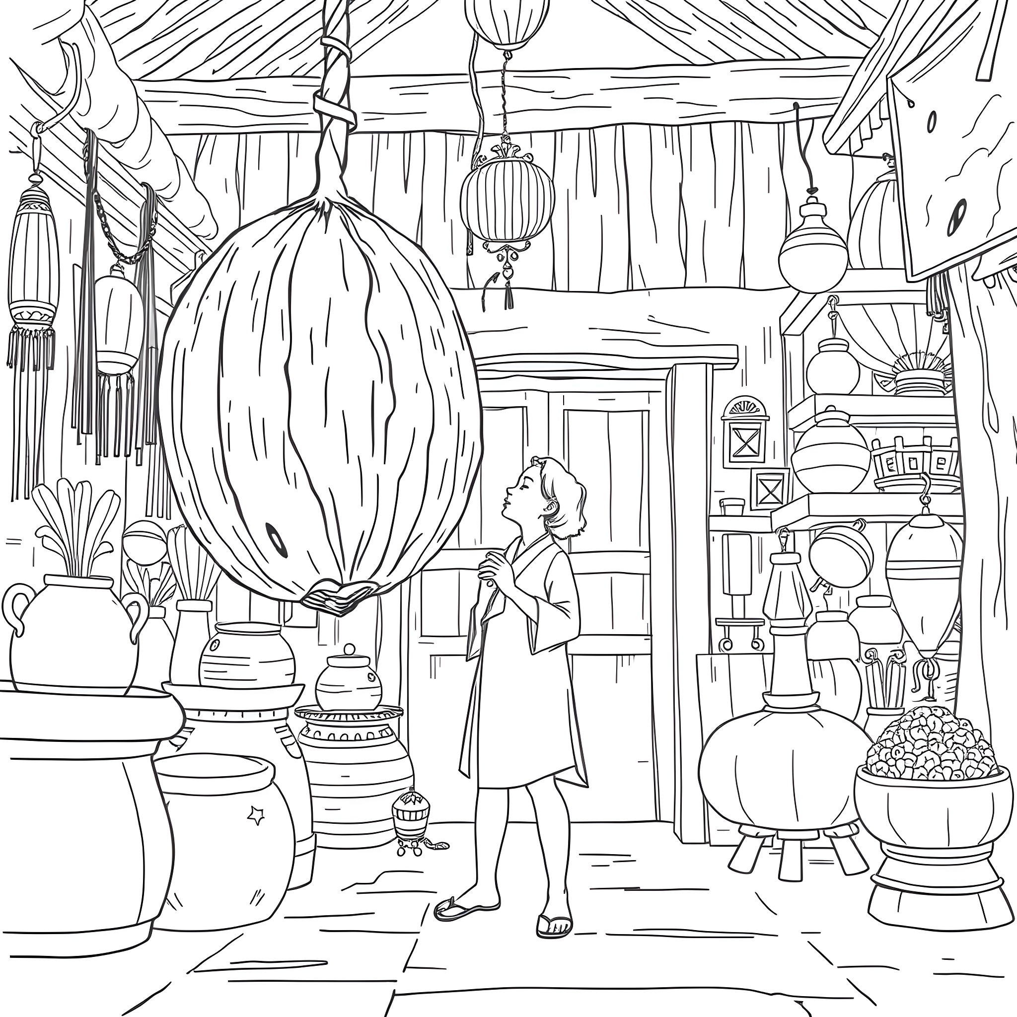 Philippine Marketplace with Traditional Decorations and Figures Coloring Page (free black-and-white line drawing printable PDF for all, from beginners to advanced learners, including children, teens, adults, and seniors)