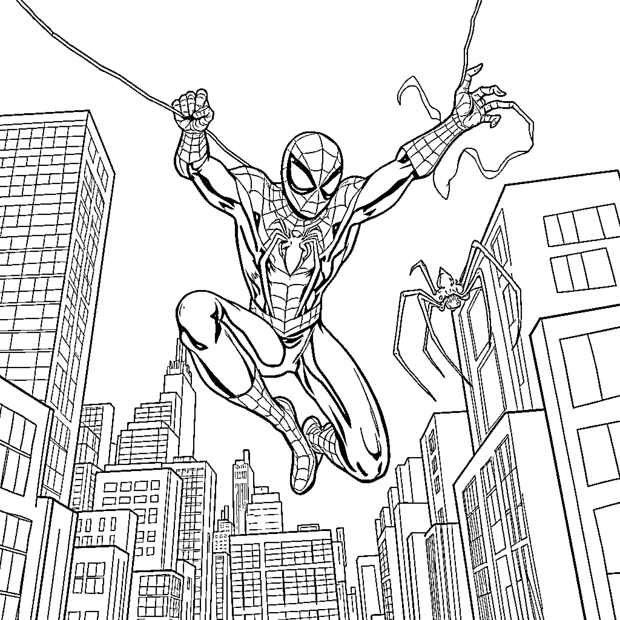 Spider-Man swinging through the city with action and determination Coloring Page (free black-and-white line drawing printable PDF for all, from beginners to advanced learners, including children, teens, adults, and seniors)