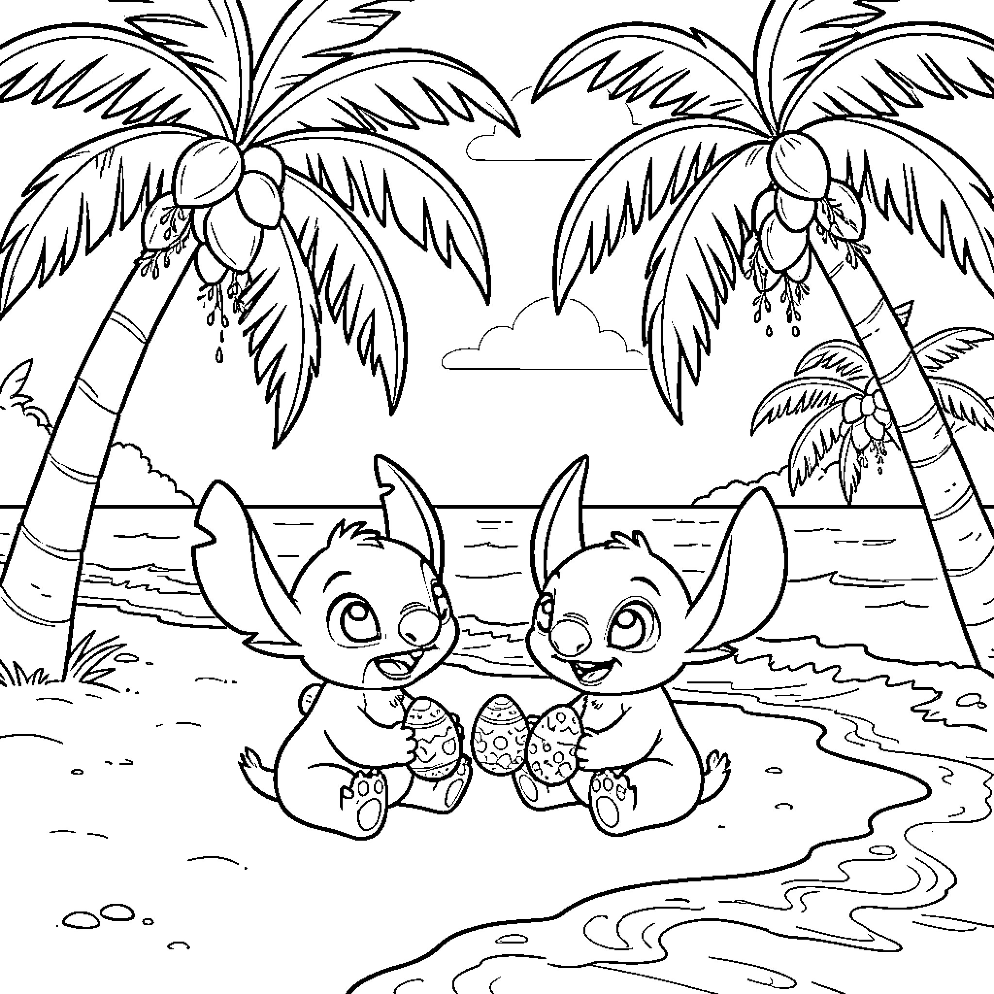 Lilo And Stitch Playing on Tropical Beach Coloring Page (free black-and-white line drawing printable PDF for all, from beginners to advanced learners, including children, teens, adults, and seniors)