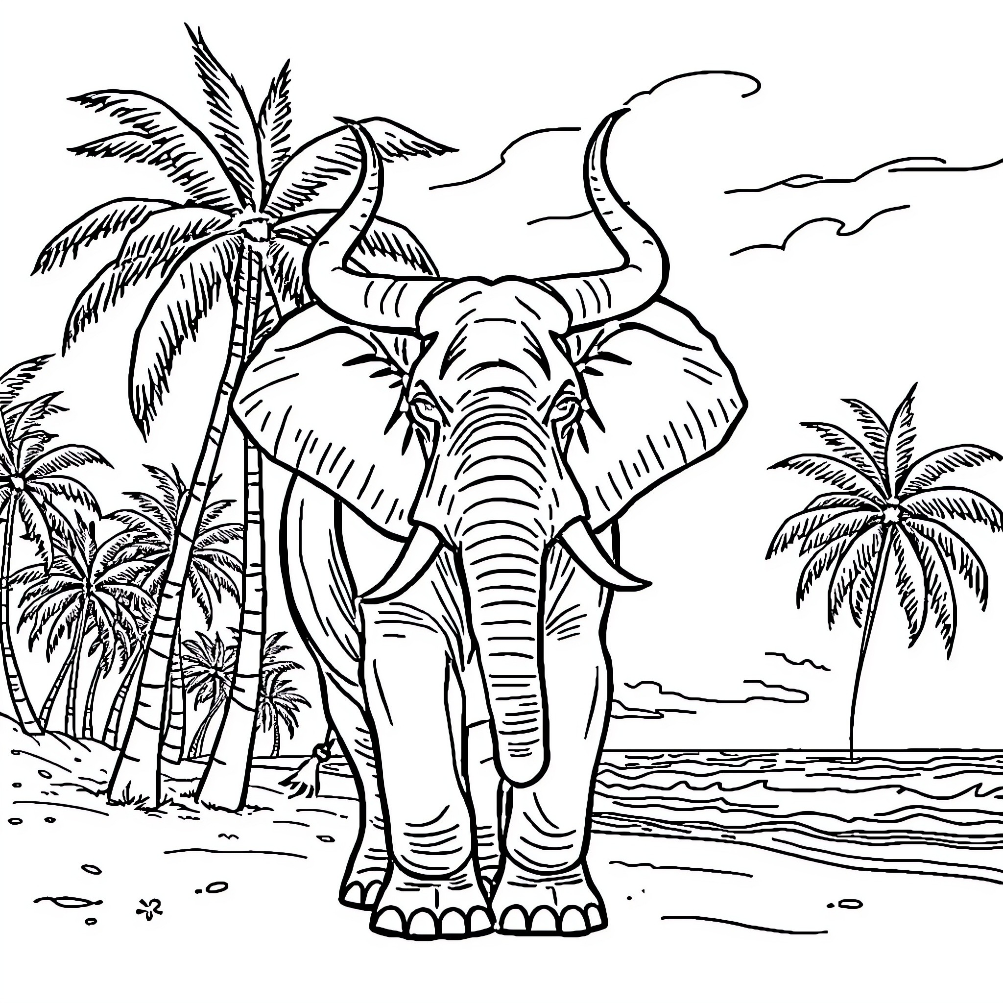 Elephant on a tropical beach Coloring Page (free black-and-white line drawing printable PDF for all, from beginners to advanced learners, including children, teens, adults, and seniors)
