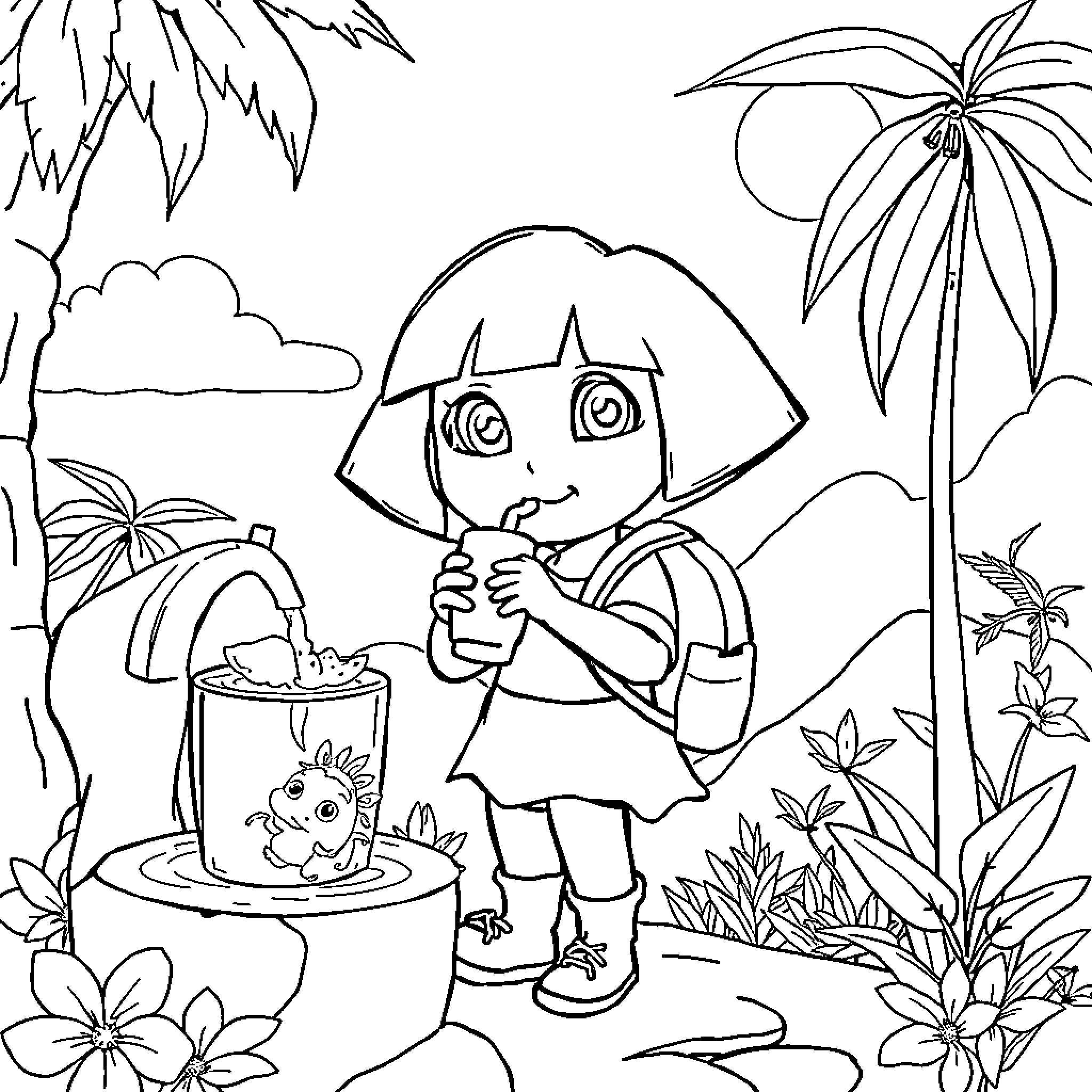 Dora exploring the jungle with curiosity Coloring Page (free black-and-white line drawing printable PDF for all, from beginners to advanced learners, including children, teens, adults, and seniors)