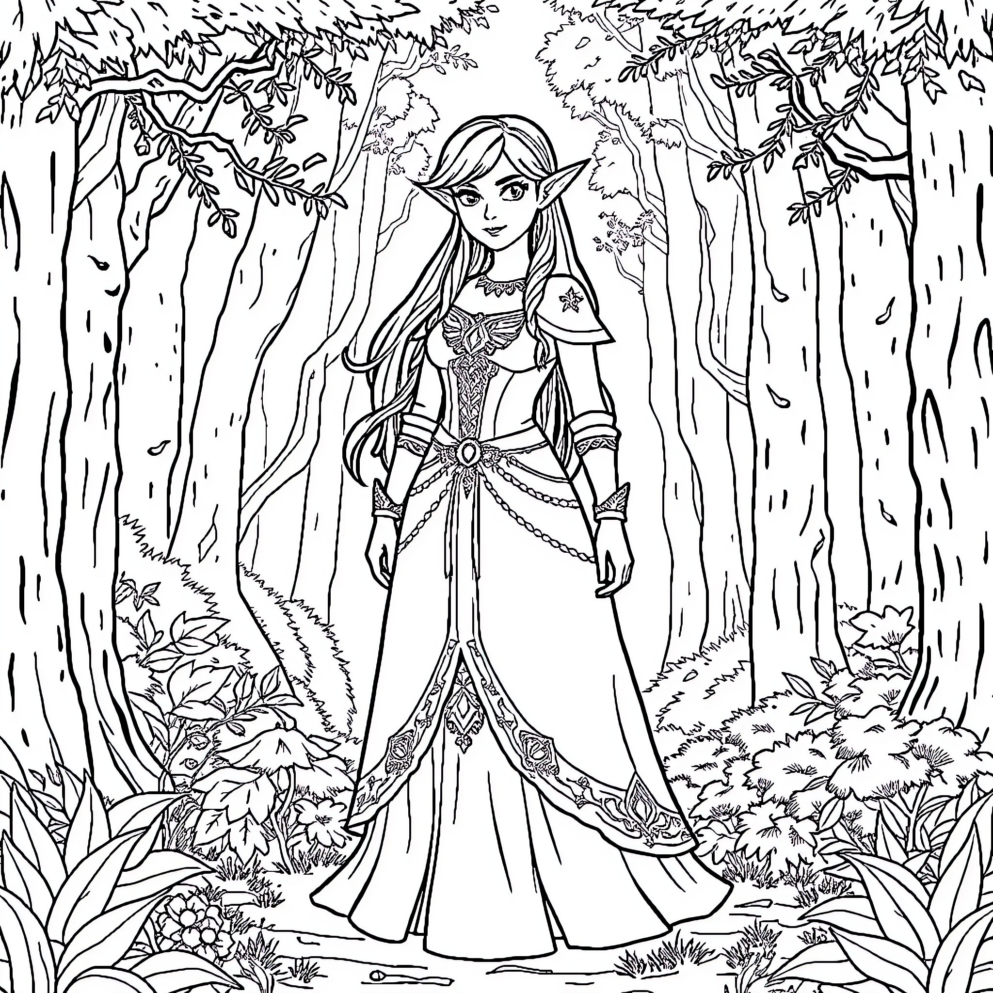 Zelda exploring the enchanted forest Coloring Page (free black-and-white line drawing printable PDF for all, from beginners to advanced learners, including children, teens, adults, and seniors)