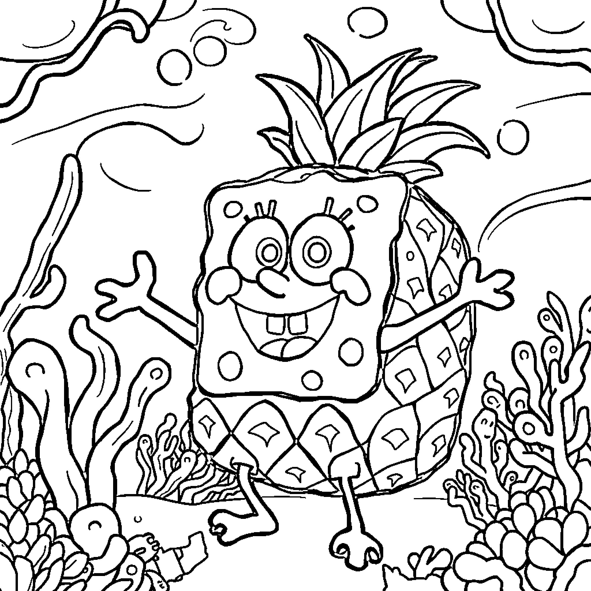 Spongebob dancing in the sea Coloring Page (free black-and-white line drawing printable PDF for all, from beginners to advanced learners, including children, teens, adults, and seniors)