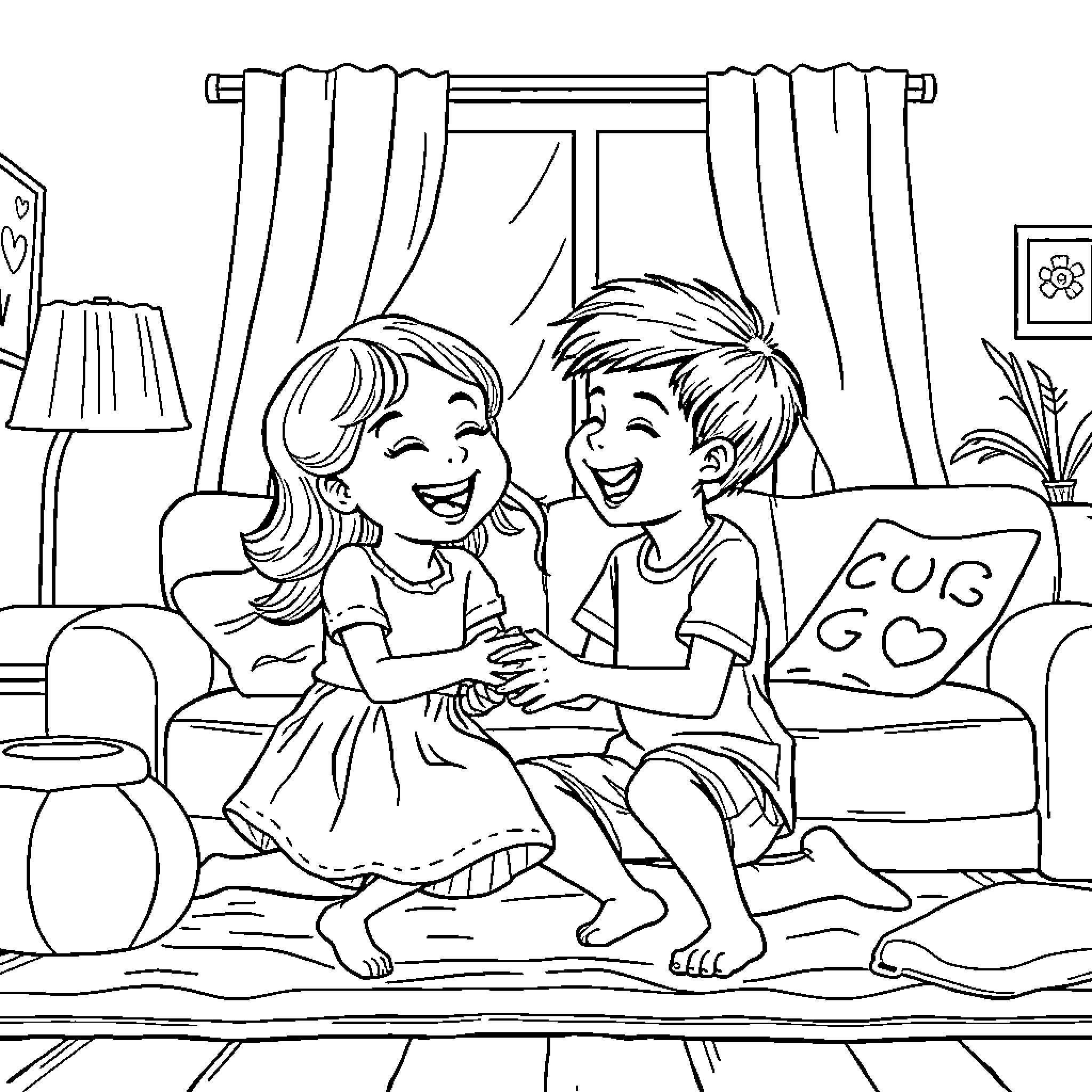 Siblings enjoying quality time together Coloring Page (free black-and-white line drawing printable PDF for all, from beginners to advanced learners, including children, teens, adults, and seniors)