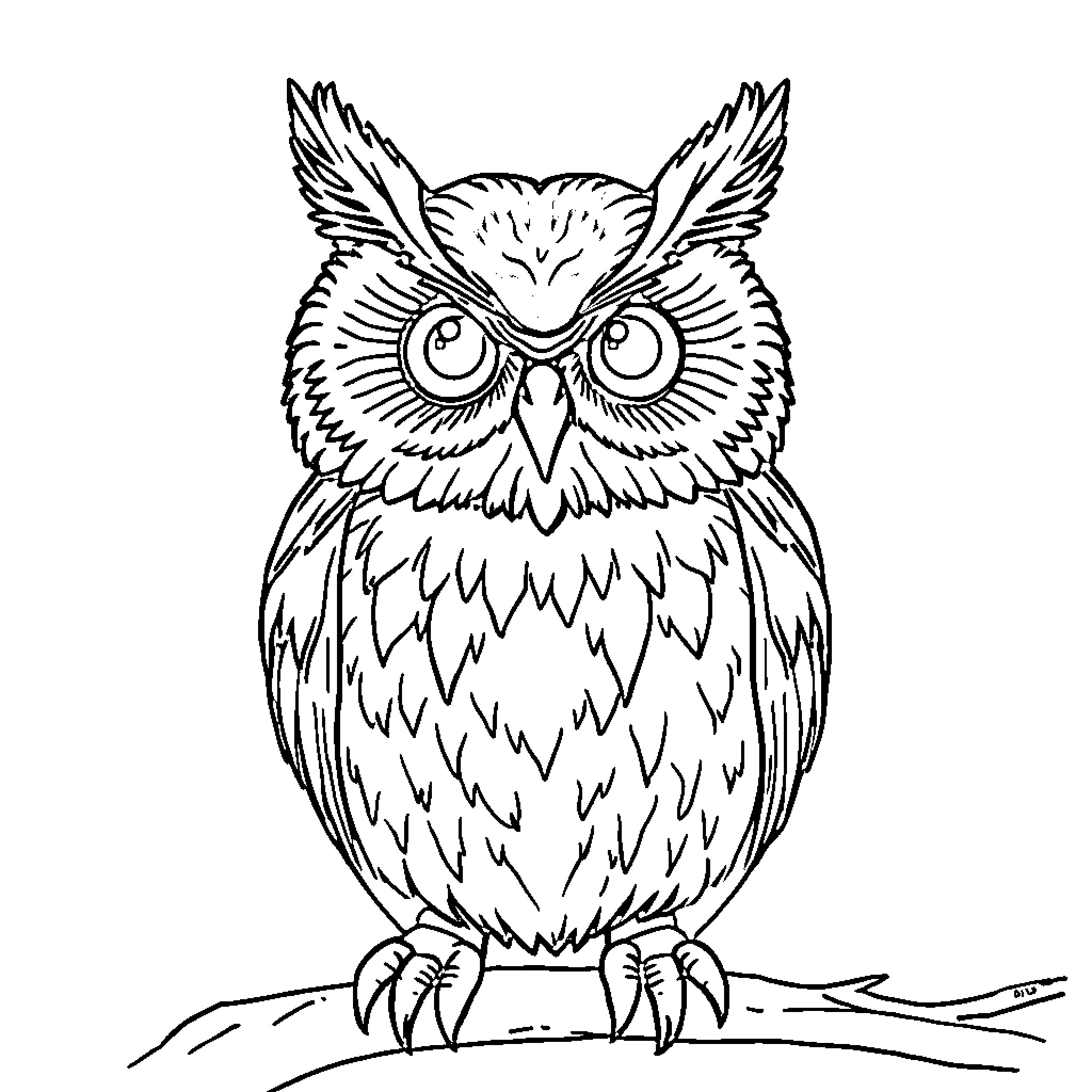 Owl with Expressive Eyes and Feathers Coloring Page (free black-and-white line drawing printable PDF for all, from beginners to advanced learners, including children, teens, adults, and seniors)