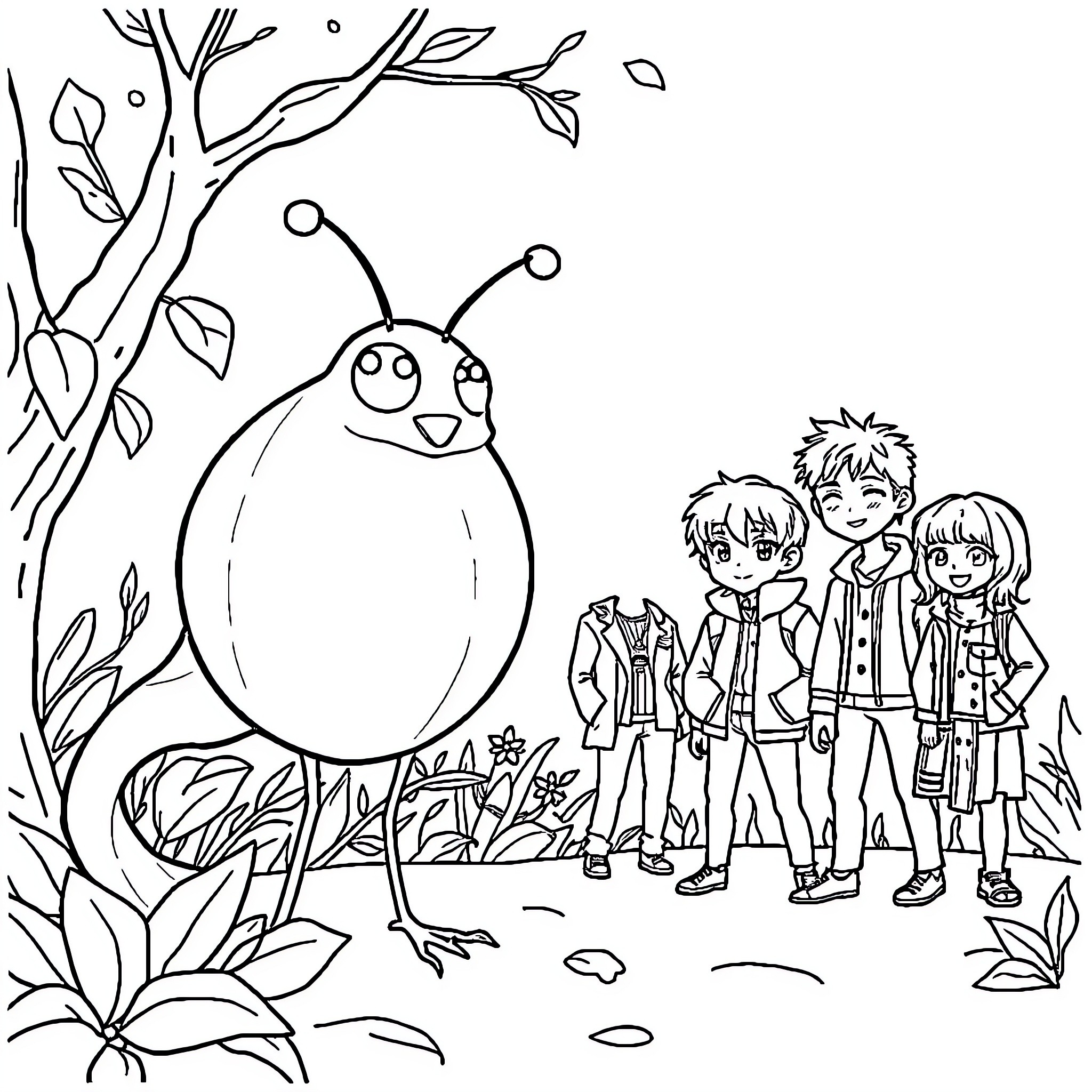 Pumpkin-shaped creature with children in nature Coloring Page (free black-and-white line drawing printable PDF for all, from beginners to advanced learners, including children, teens, adults, and seniors)