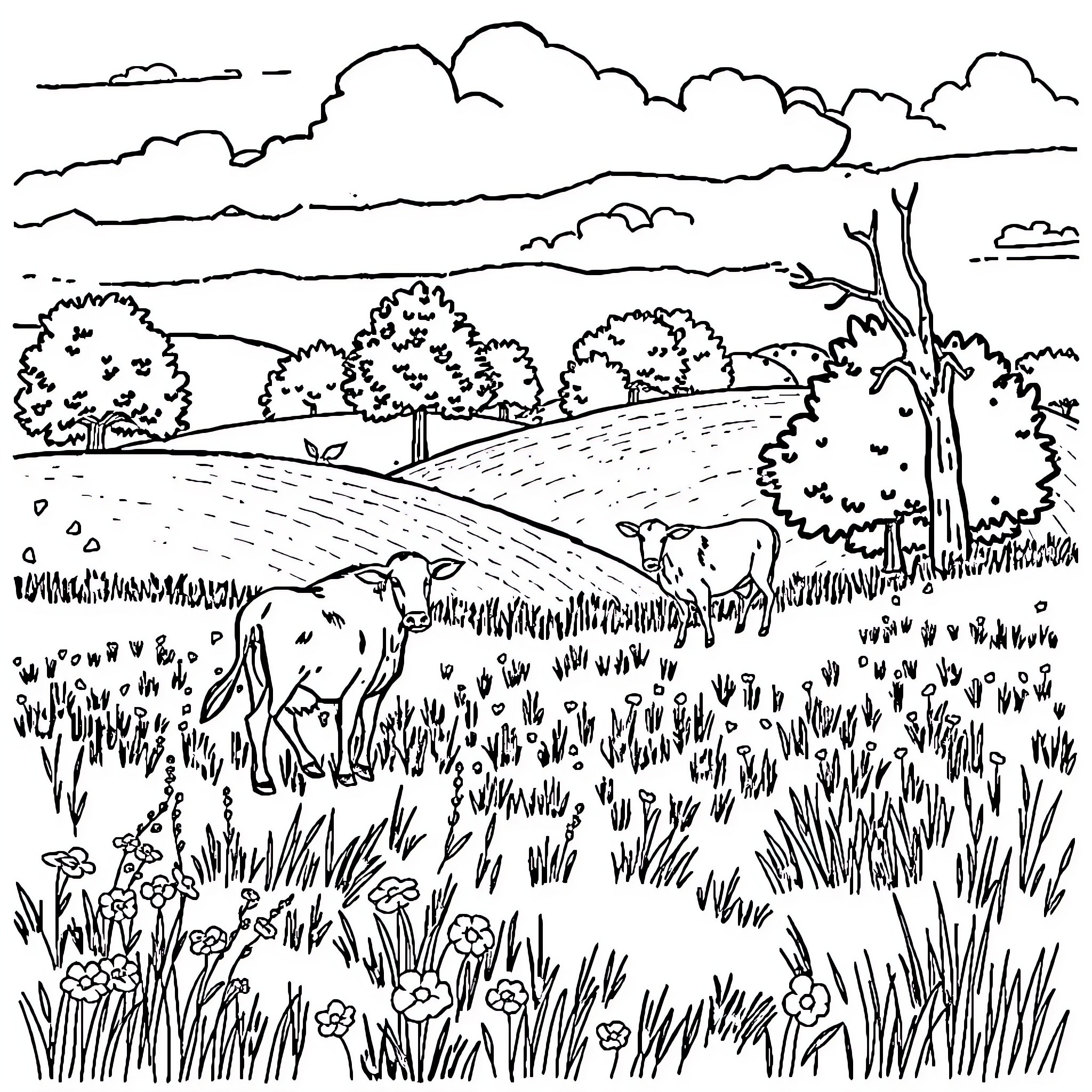 Cow grazing peacefully in the countryside Coloring Page (free black-and-white line drawing printable PDF for all, from beginners to advanced learners, including children, teens, adults, and seniors)
