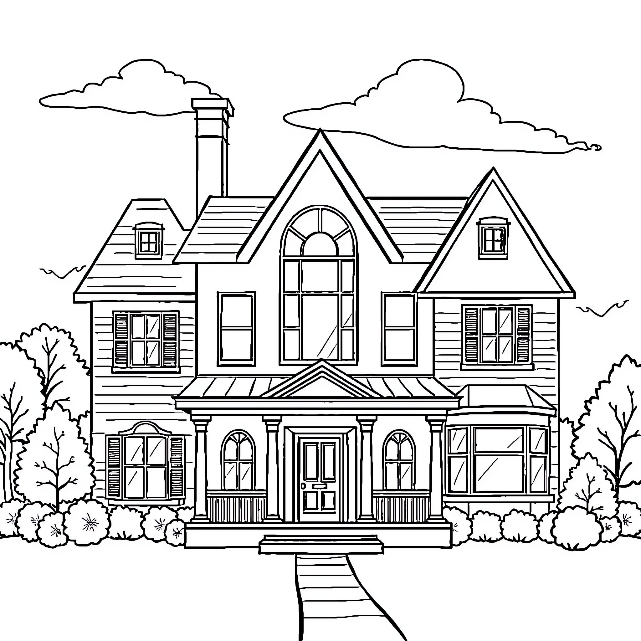 House with Decorative Architectural Features Coloring Page (free black-and-white line drawing printable PDF for all, from beginners to advanced learners, including children, teens, adults, and seniors)