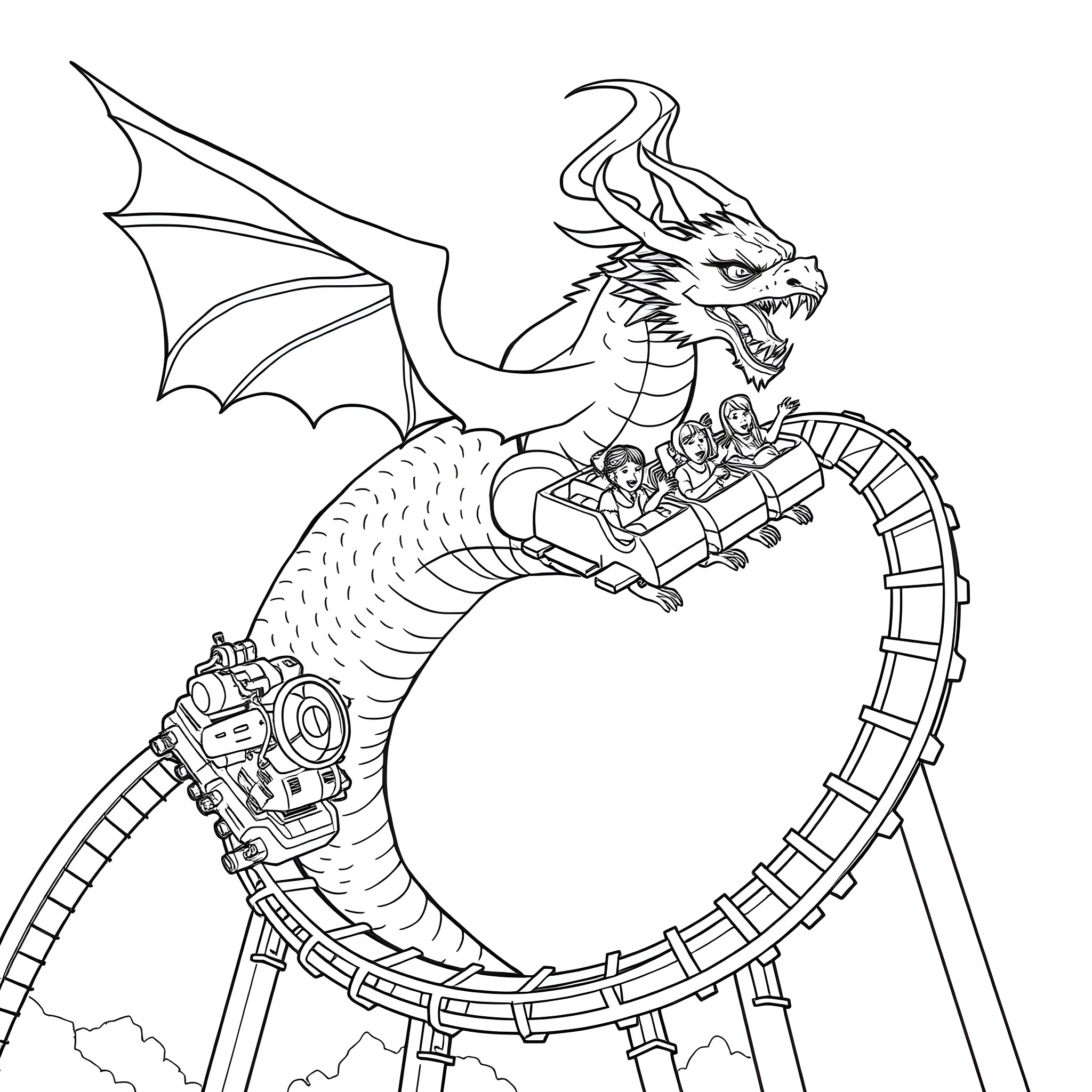 Dragon riding passengers on a thrilling roller coaster Coloring Page (free black-and-white line drawing printable PDF for all, from beginners to advanced learners, including children, teens, adults, and seniors)