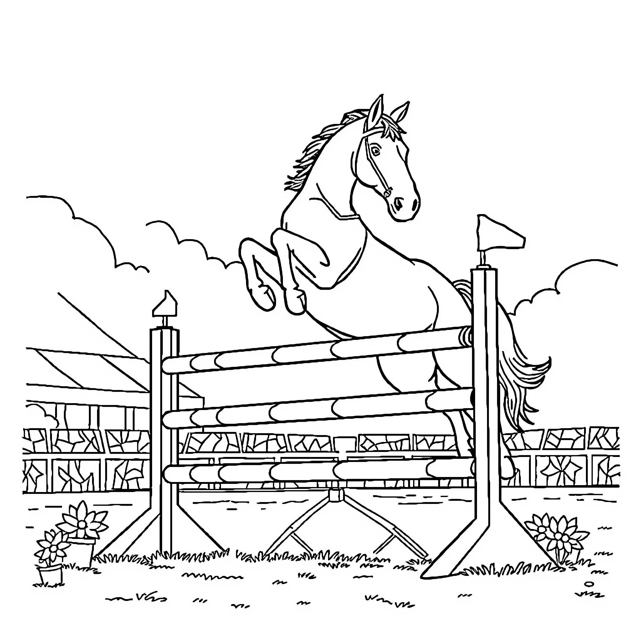 Horse jumping over fence in countryside Coloring Page (free black-and-white line drawing printable PDF for all, from beginners to advanced learners, including children, teens, adults, and seniors)