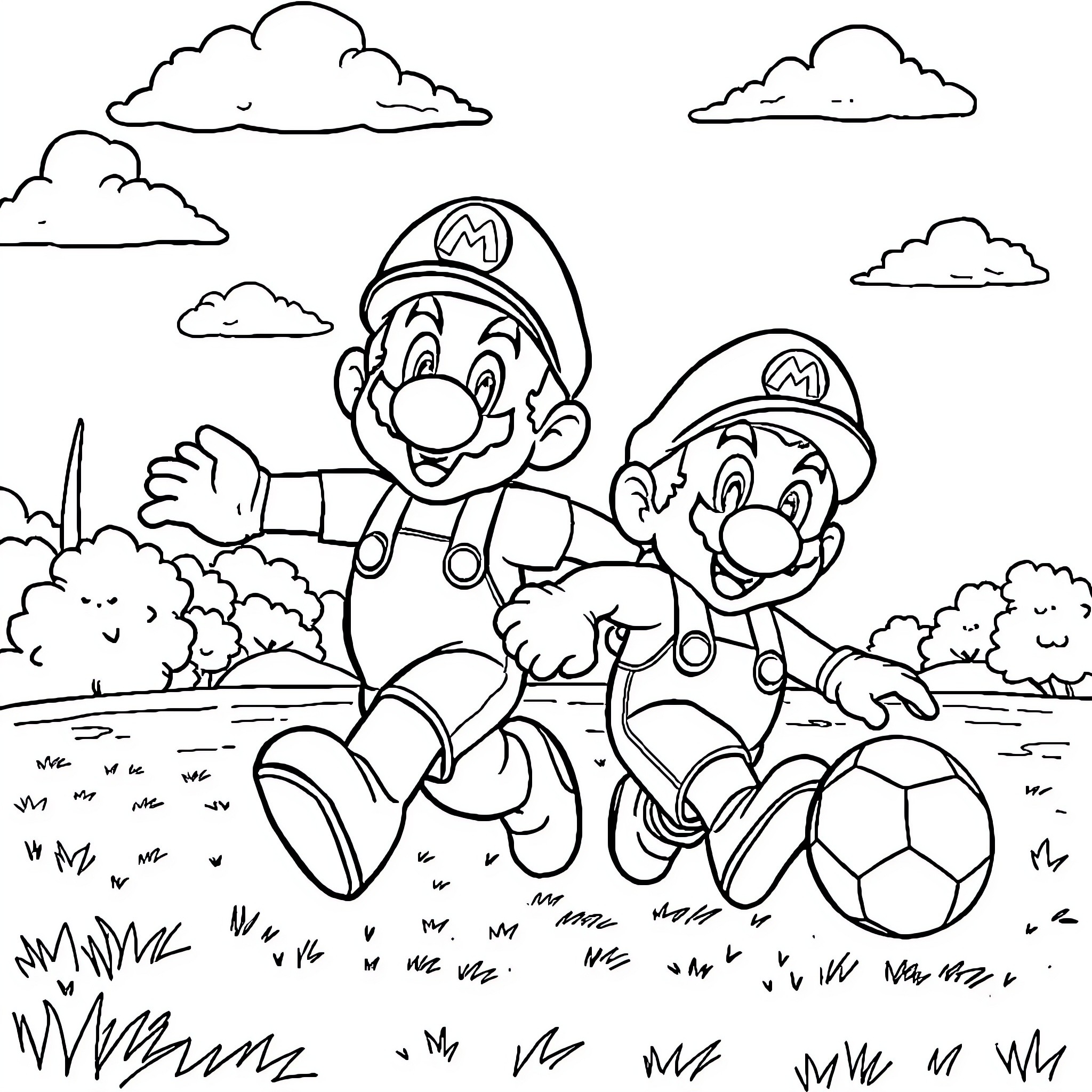 Mario and Luigi playing soccer in the park Coloring Page (free black-and-white line drawing printable PDF for all, from beginners to advanced learners, including children, teens, adults, and seniors)