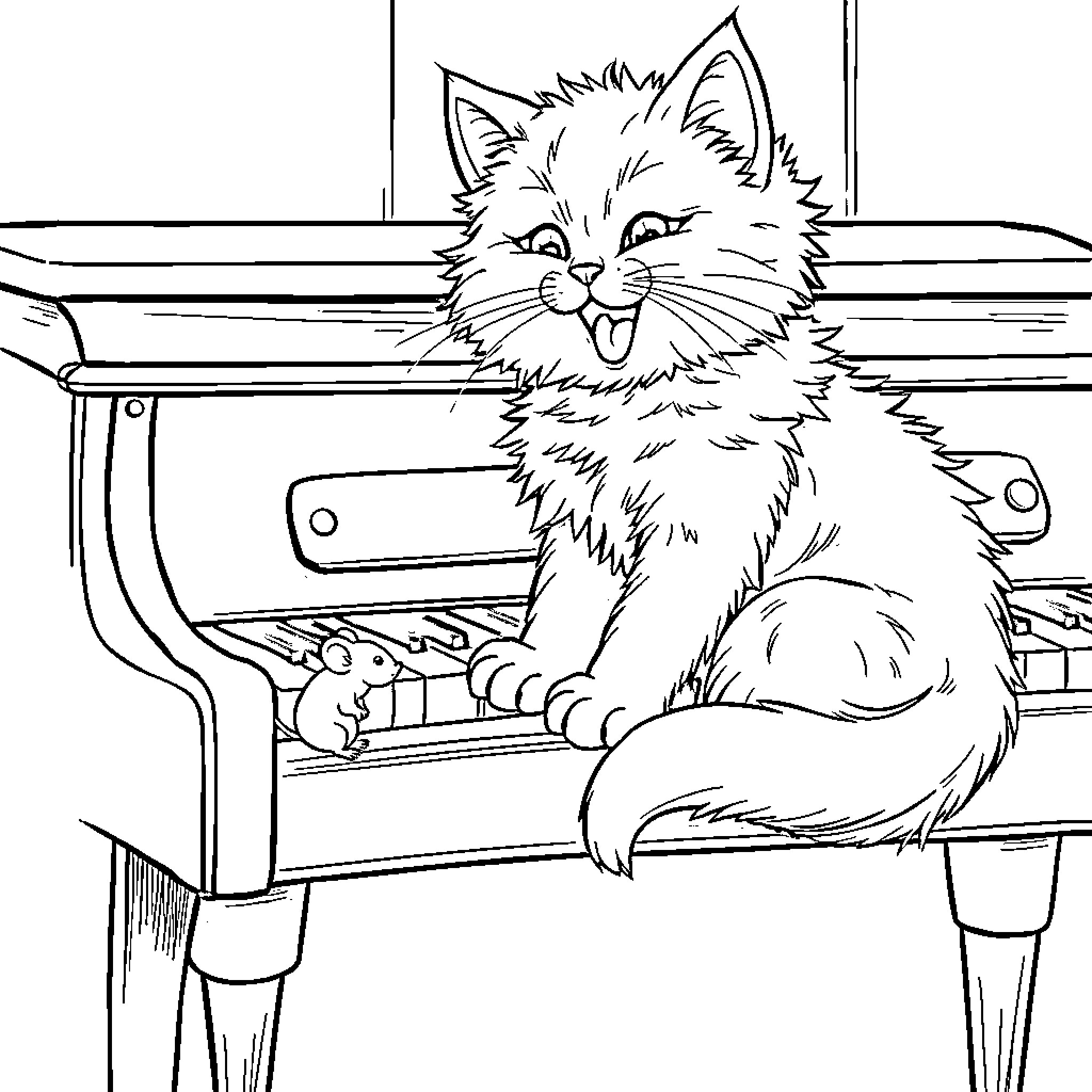 Cat perched on a desk Coloring Page (free black-and-white line drawing printable PDF for all, from beginners to advanced learners, including children, teens, adults, and seniors)
