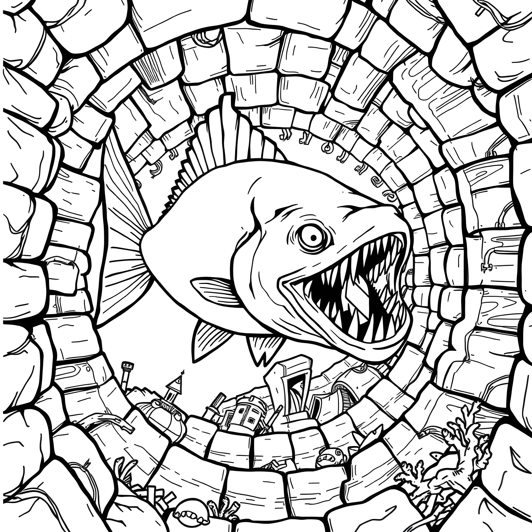 Fish with Fearsome Jaws in Underwater Tunnel Coloring Page (free black-and-white line drawing printable PDF for all, from beginners to advanced learners, including children, teens, adults, and seniors)
