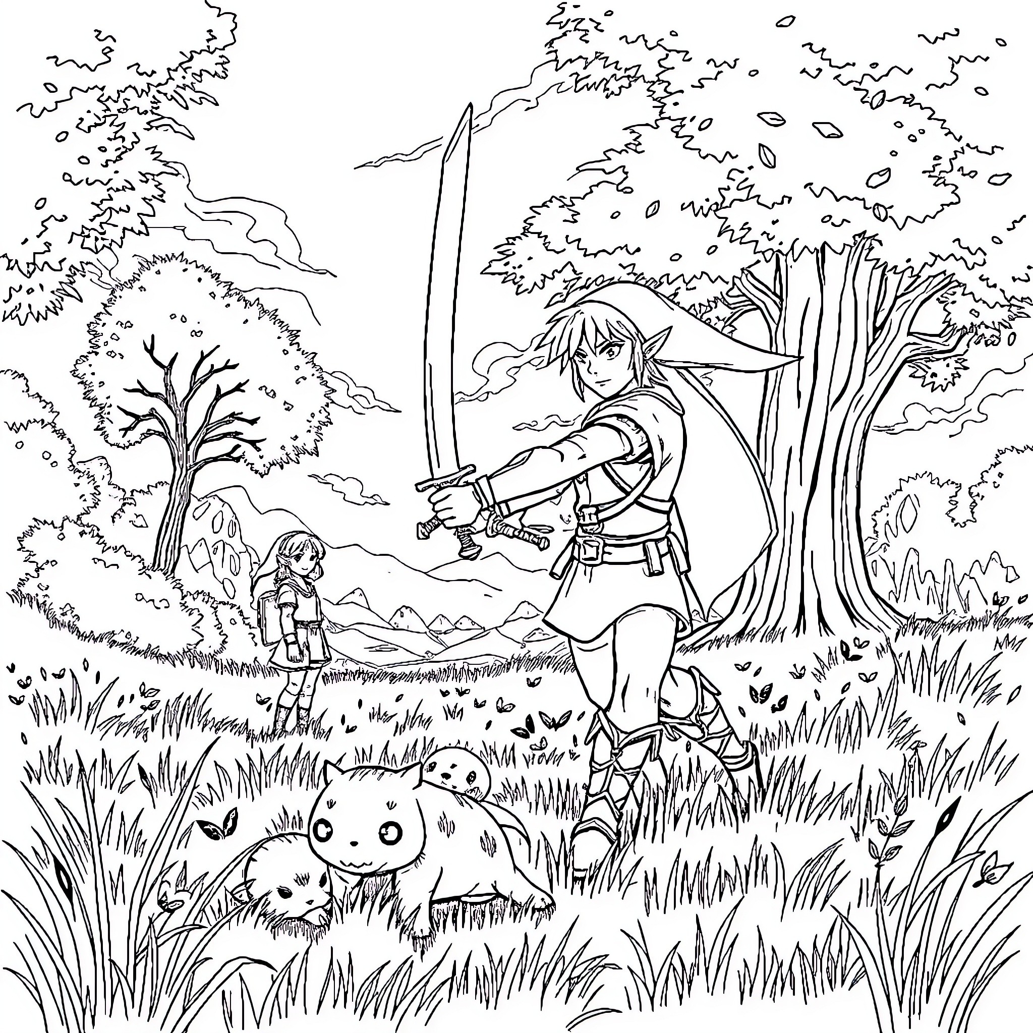 Link's Adventure in the Lush Forest Coloring Page (free black-and-white line drawing printable PDF for all, from beginners to advanced learners, including children, teens, adults, and seniors)
