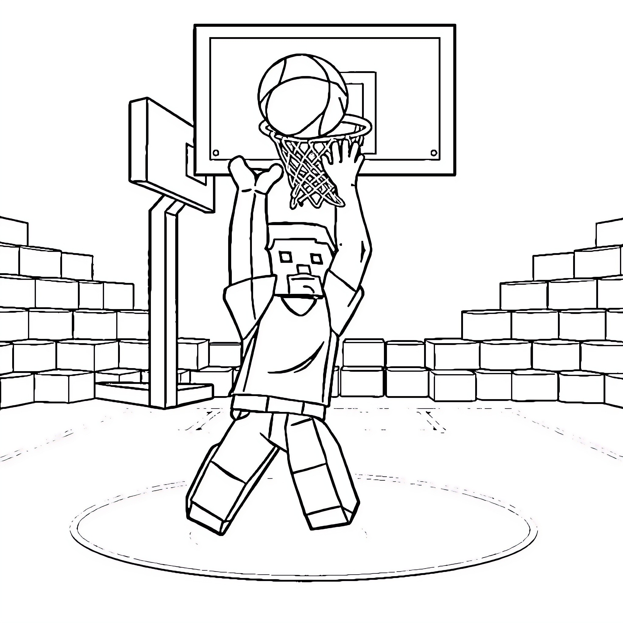 Minecraft Steve playing basketball on a court Coloring Page (free black-and-white line drawing printable PDF for all, from beginners to advanced learners, including children, teens, adults, and seniors)