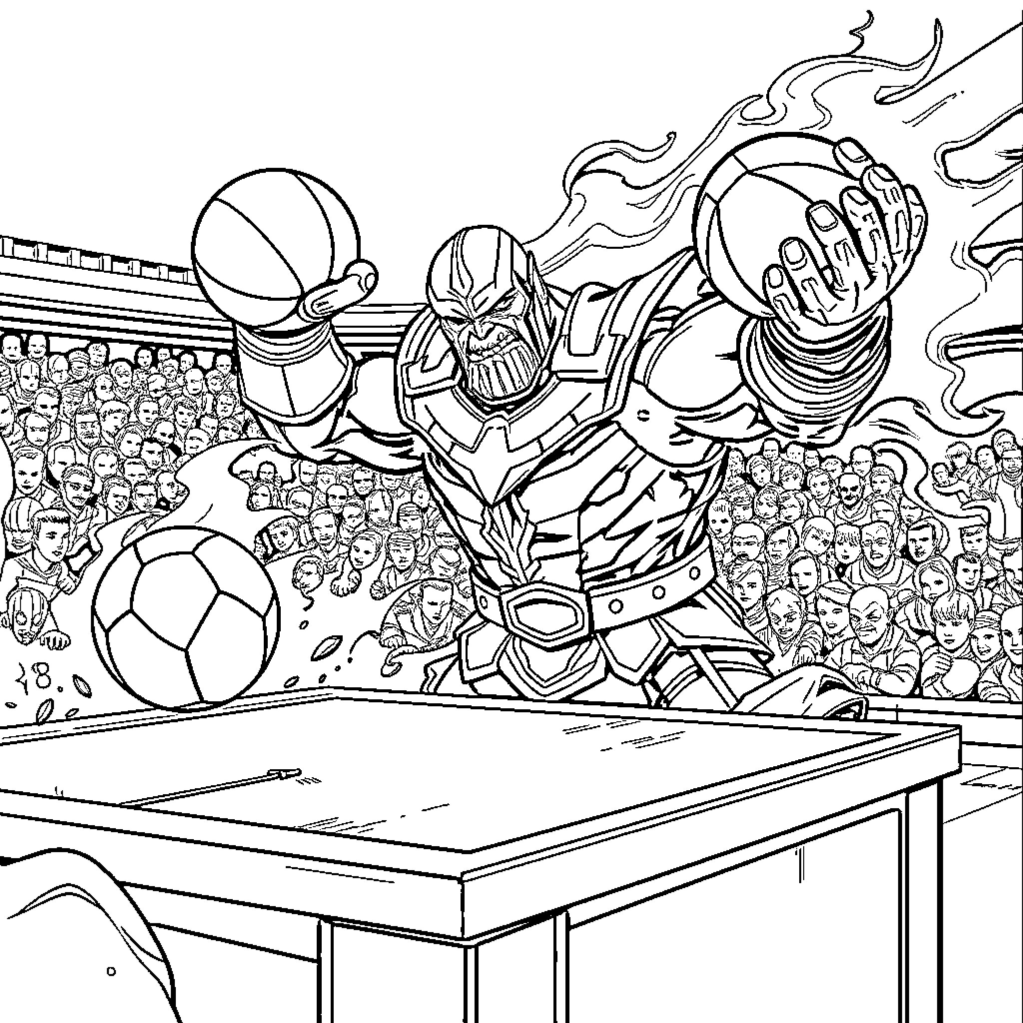 Thanos Dominates the Sports Arena Coloring Page (free black-and-white line drawing printable PDF for all, from beginners to advanced learners, including children, teens, adults, and seniors)