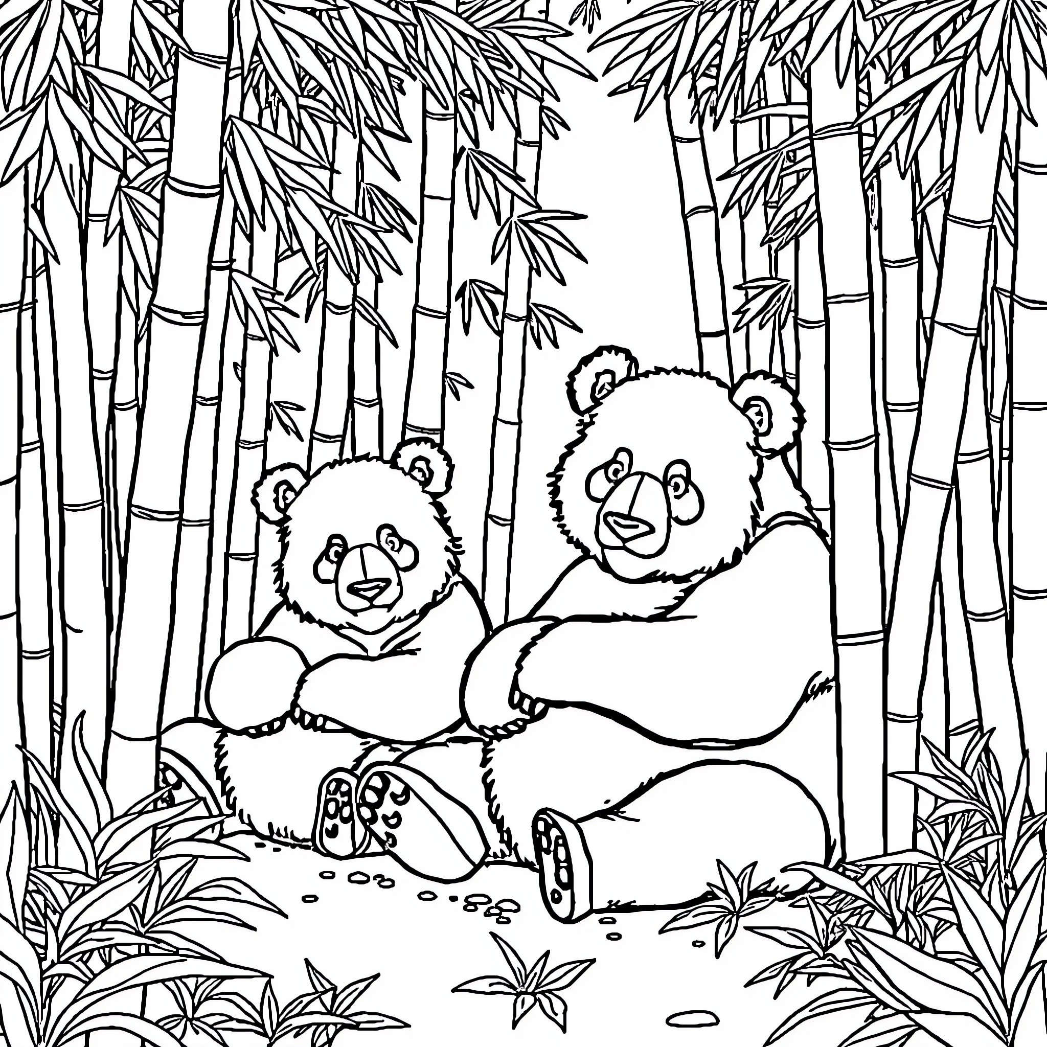 Panda bears relaxing in bamboo forest Coloring Page (free black-and-white line drawing printable PDF for all, from beginners to advanced learners, including children, teens, adults, and seniors)