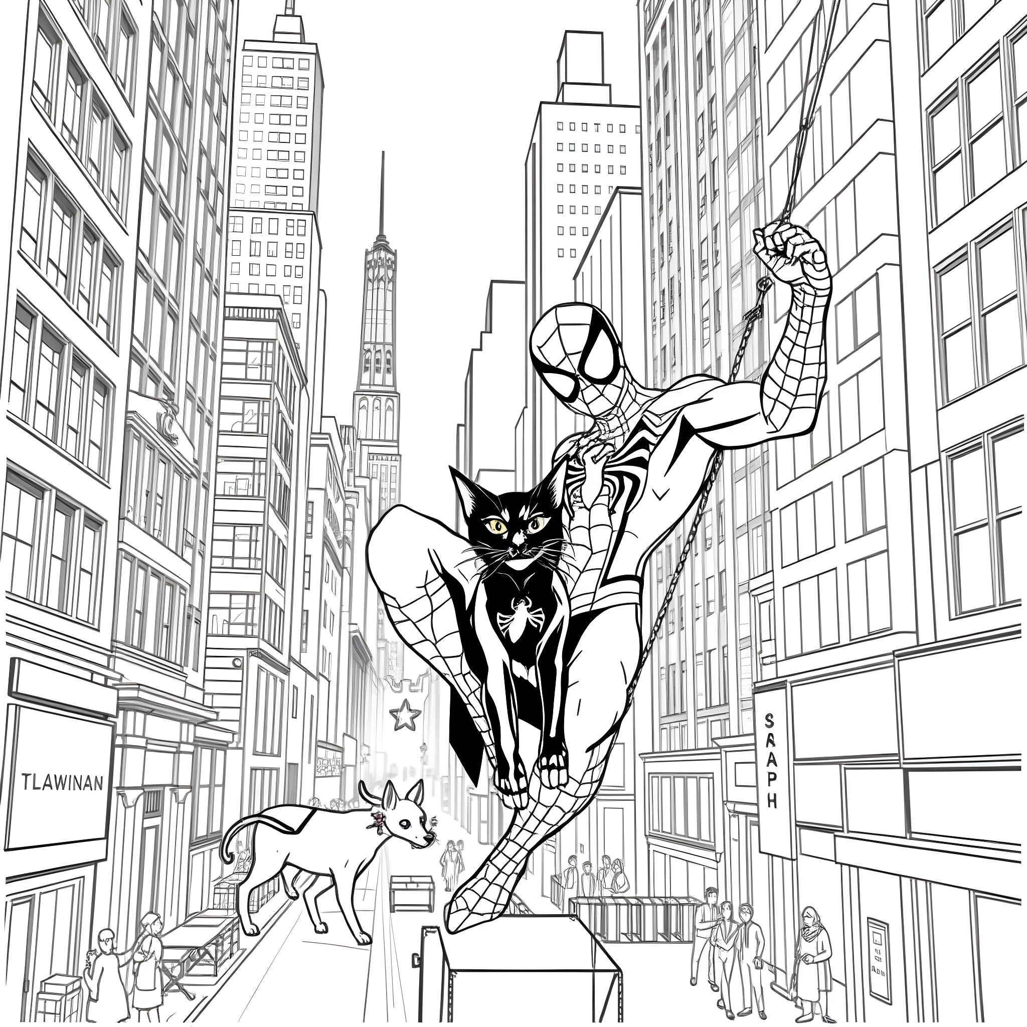 Spidey Swings Through the City with Feline Companions Coloring Page (free black-and-white line drawing printable PDF for all, from beginners to advanced learners, including children, teens, adults, and seniors)