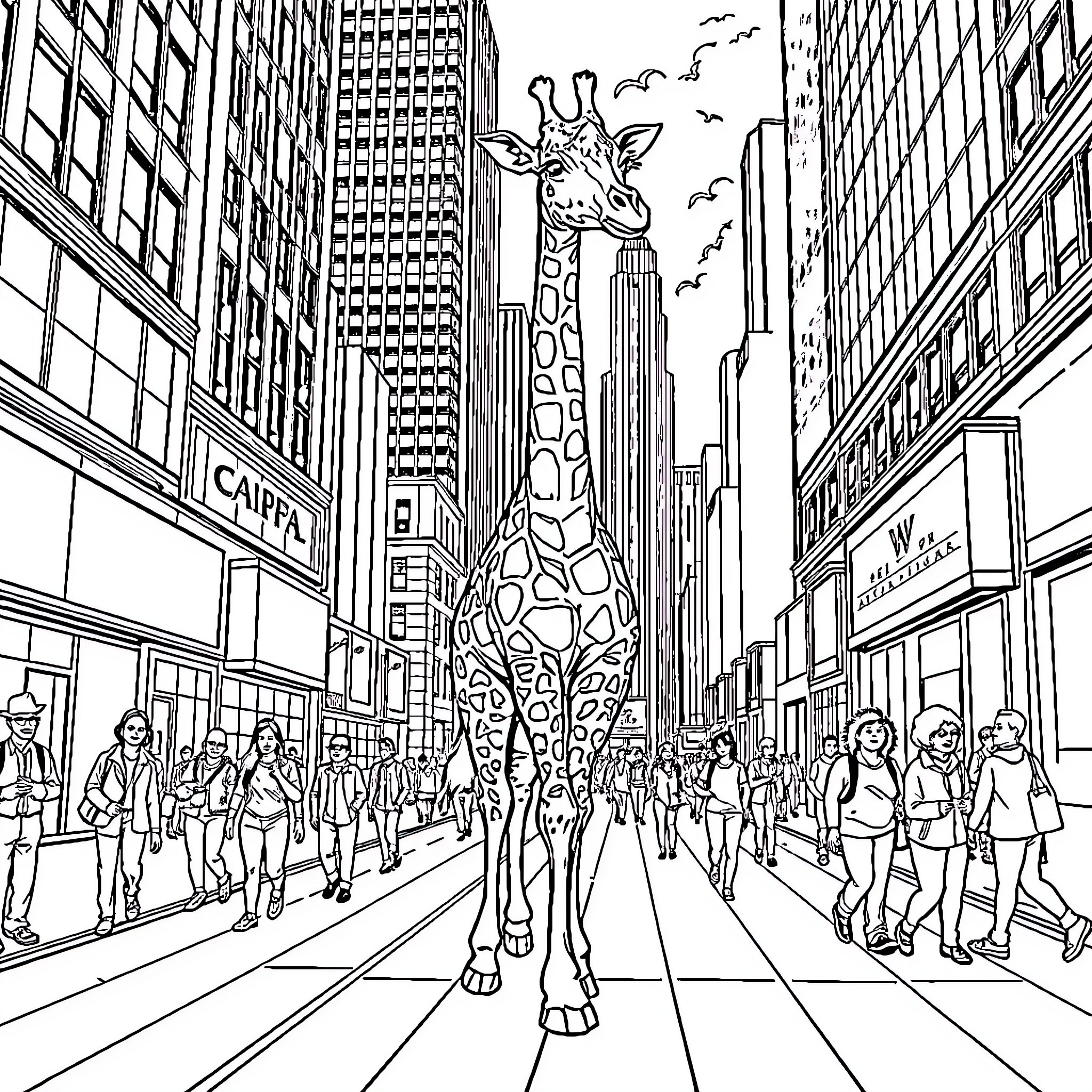 Giraffe exploring the bustling city streets Coloring Page (free black-and-white line drawing printable PDF for all, from beginners to advanced learners, including children, teens, adults, and seniors)