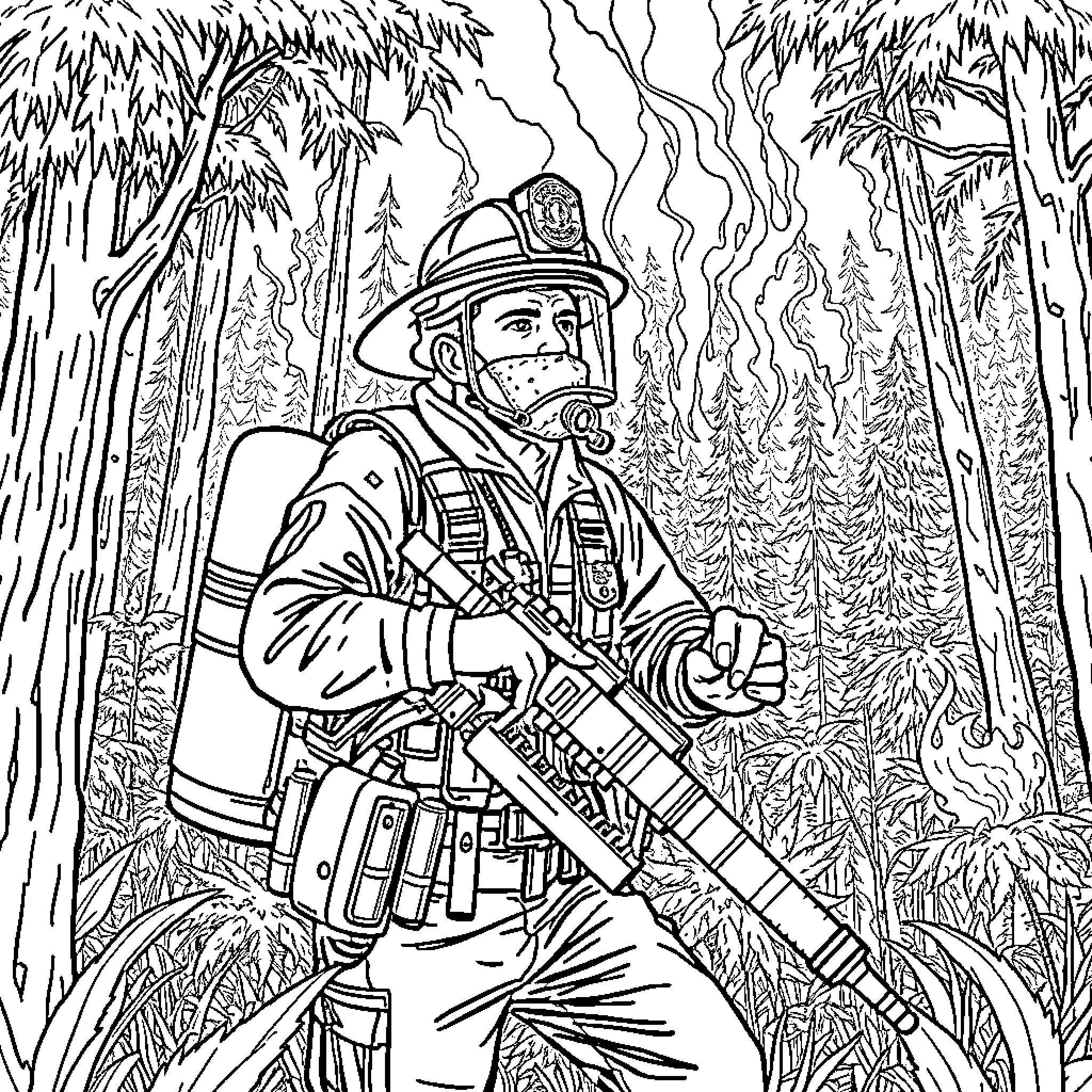 Firefighter Battling Blazing Flames in Forest Coloring Page (free black-and-white line drawing printable PDF for all, from beginners to advanced learners, including children, teens, adults, and seniors)