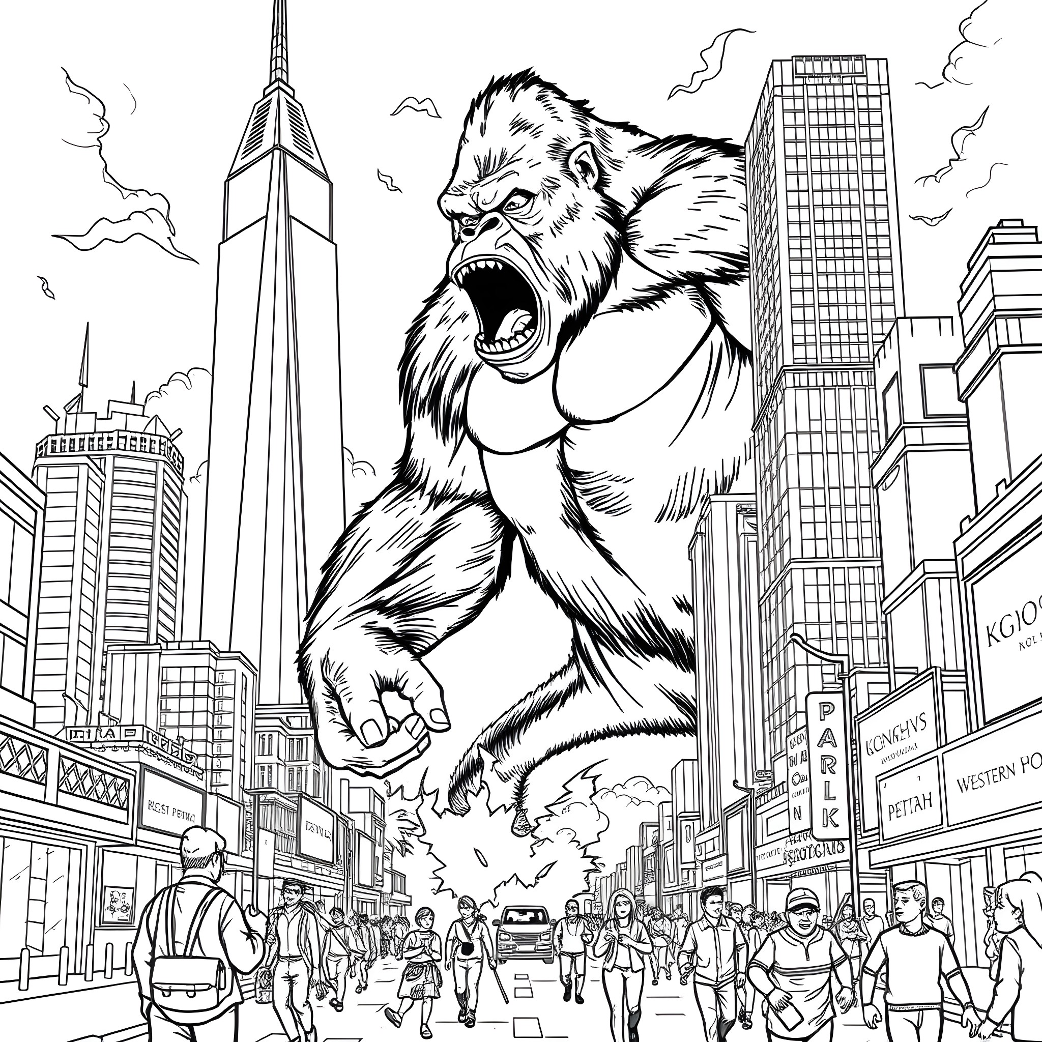 King Kong rampaging through the city skyline Coloring Page (free black-and-white line drawing printable PDF for all, from beginners to advanced learners, including children, teens, adults, and seniors)