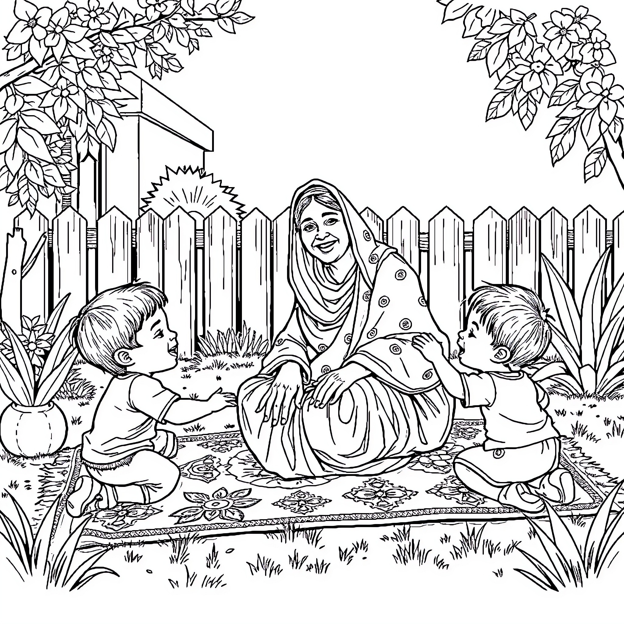 Grandma sharing a picnic with her grandchildren in the garden Coloring Page (free black-and-white line drawing printable PDF for all, from beginners to advanced learners, including children, teens, adults, and seniors)