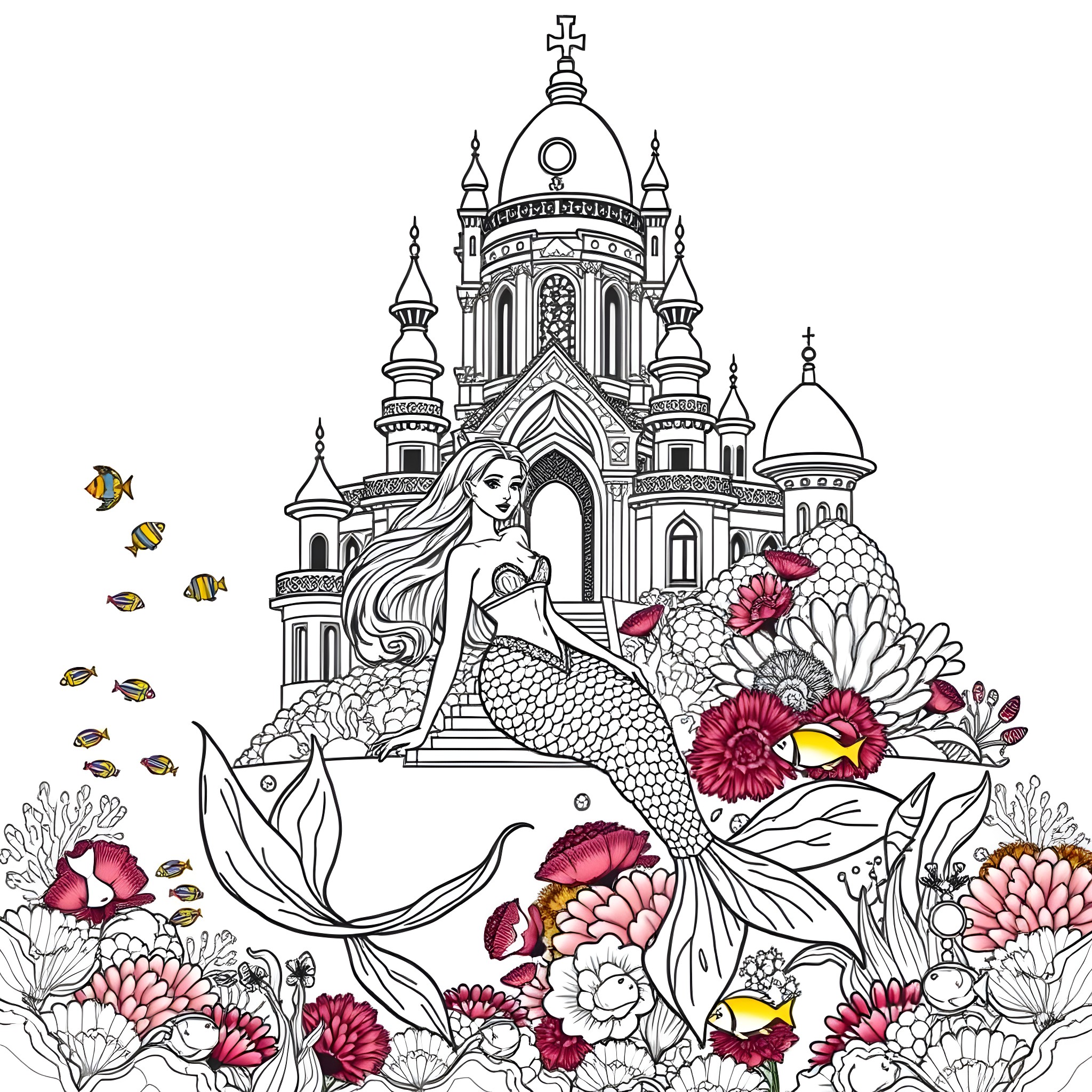 Mermaid surrounded by whimsical underwater scenery Coloring Page (free black-and-white line drawing printable PDF for all, from beginners to advanced learners, including children, teens, adults, and seniors)