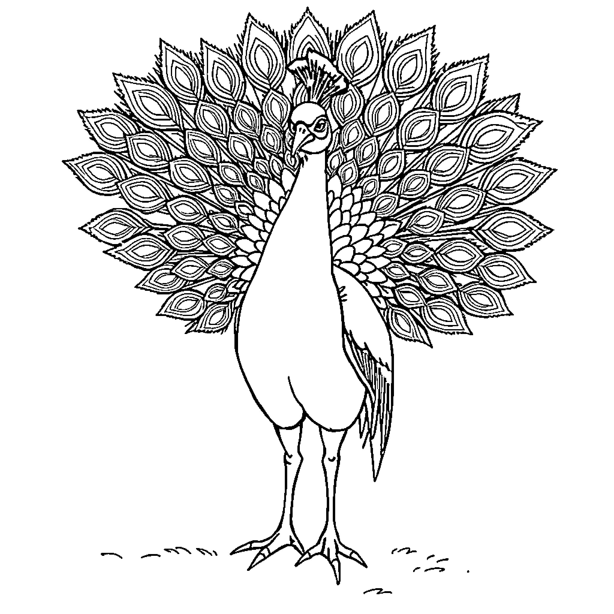Peacock displaying its magnificent feathers Coloring Page (free black-and-white line drawing printable PDF for all, from beginners to advanced learners, including children, teens, adults, and seniors)