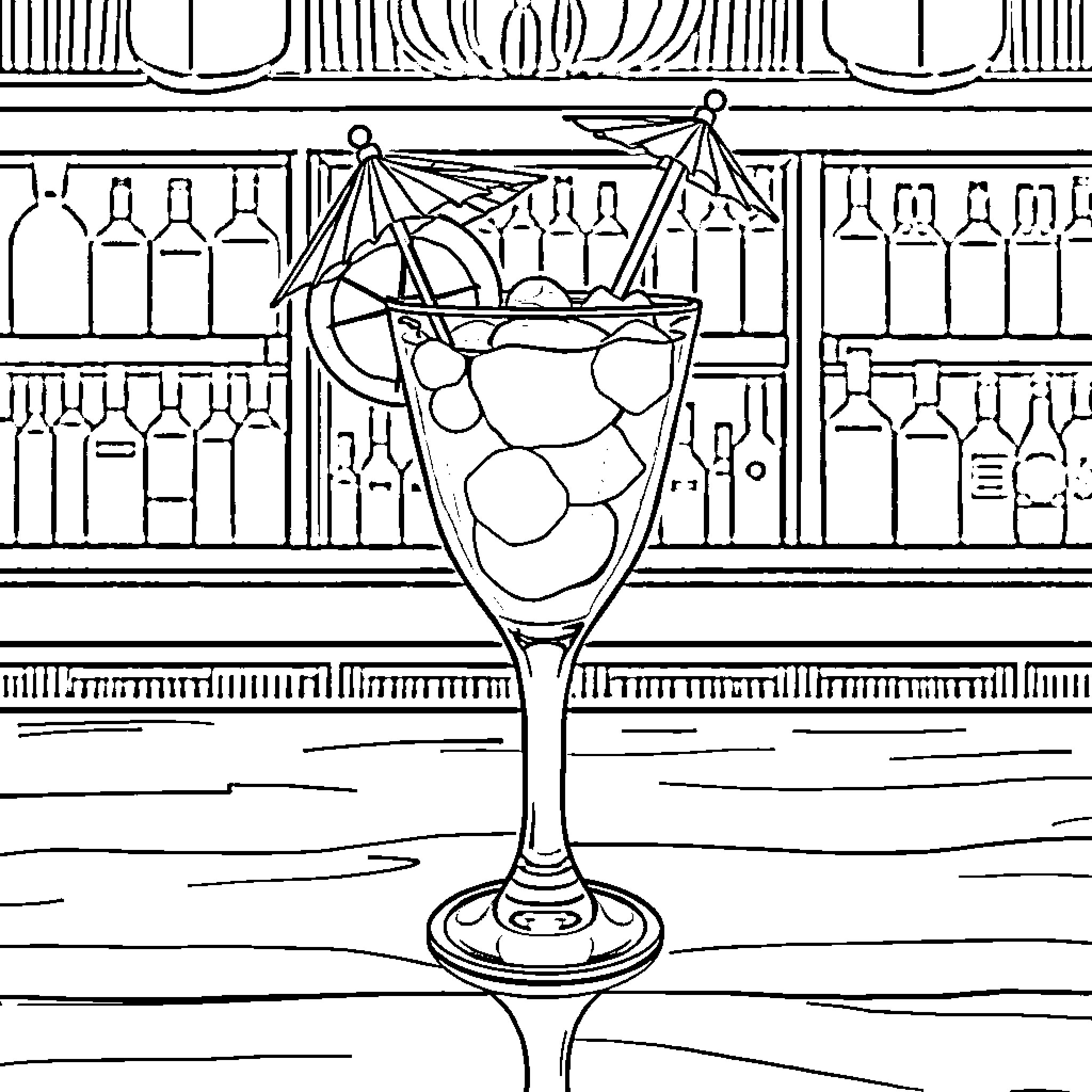 Cocktail in the Midst of a Bar Coloring Page (free black-and-white line drawing printable PDF for all, from beginners to advanced learners, including children, teens, adults, and seniors)
