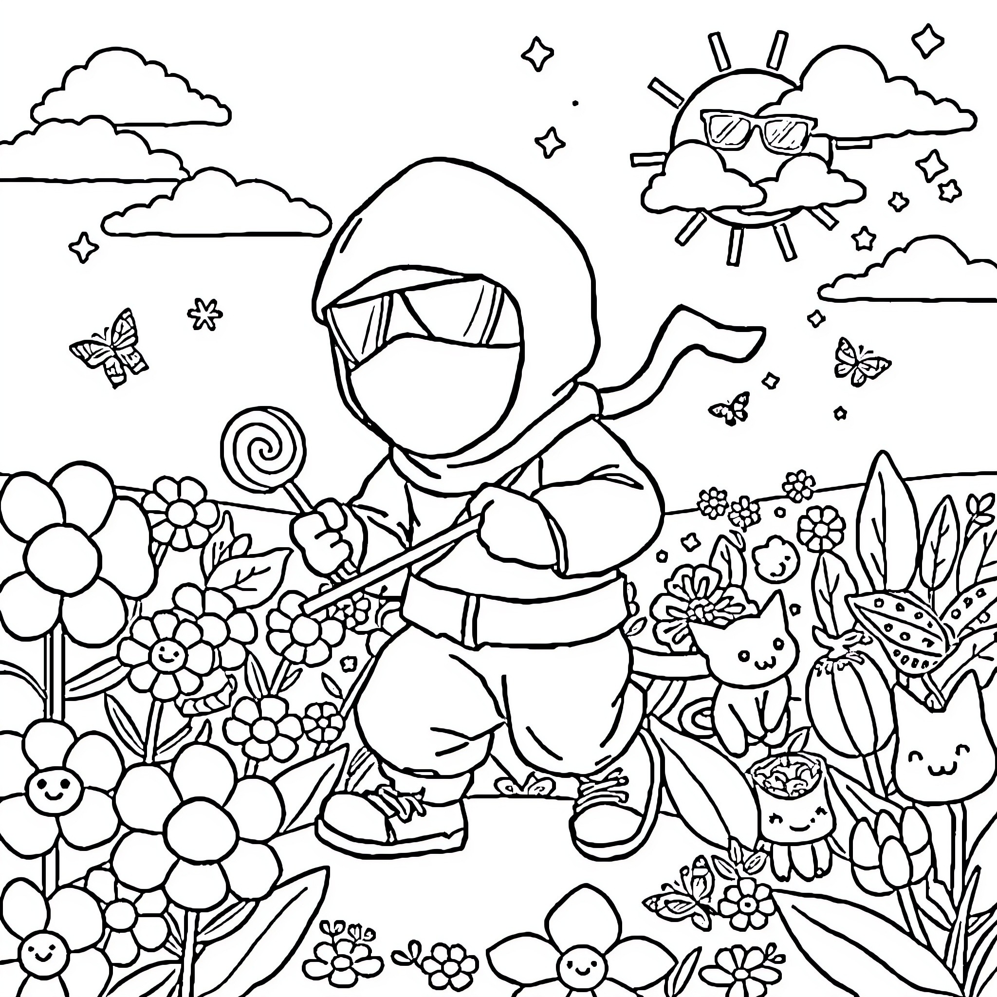 Ninja enjoying a colorful garden adventure Coloring Page (free black-and-white line drawing printable PDF for all, from beginners to advanced learners, including children, teens, adults, and seniors)