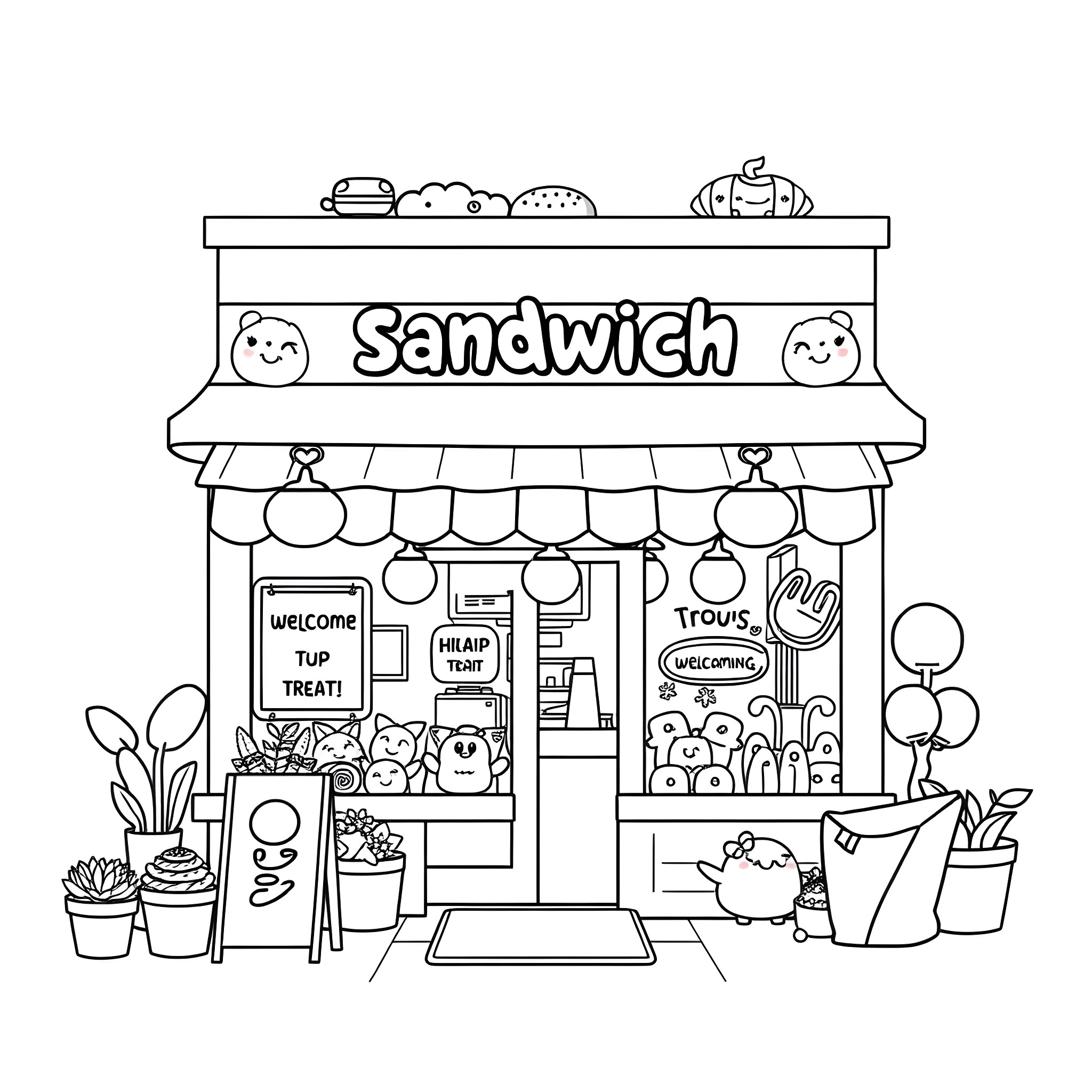 Sandwich shop with various menu items and decor Coloring Page (free black-and-white line drawing printable PDF for all, from beginners to advanced learners, including children, teens, adults, and seniors)